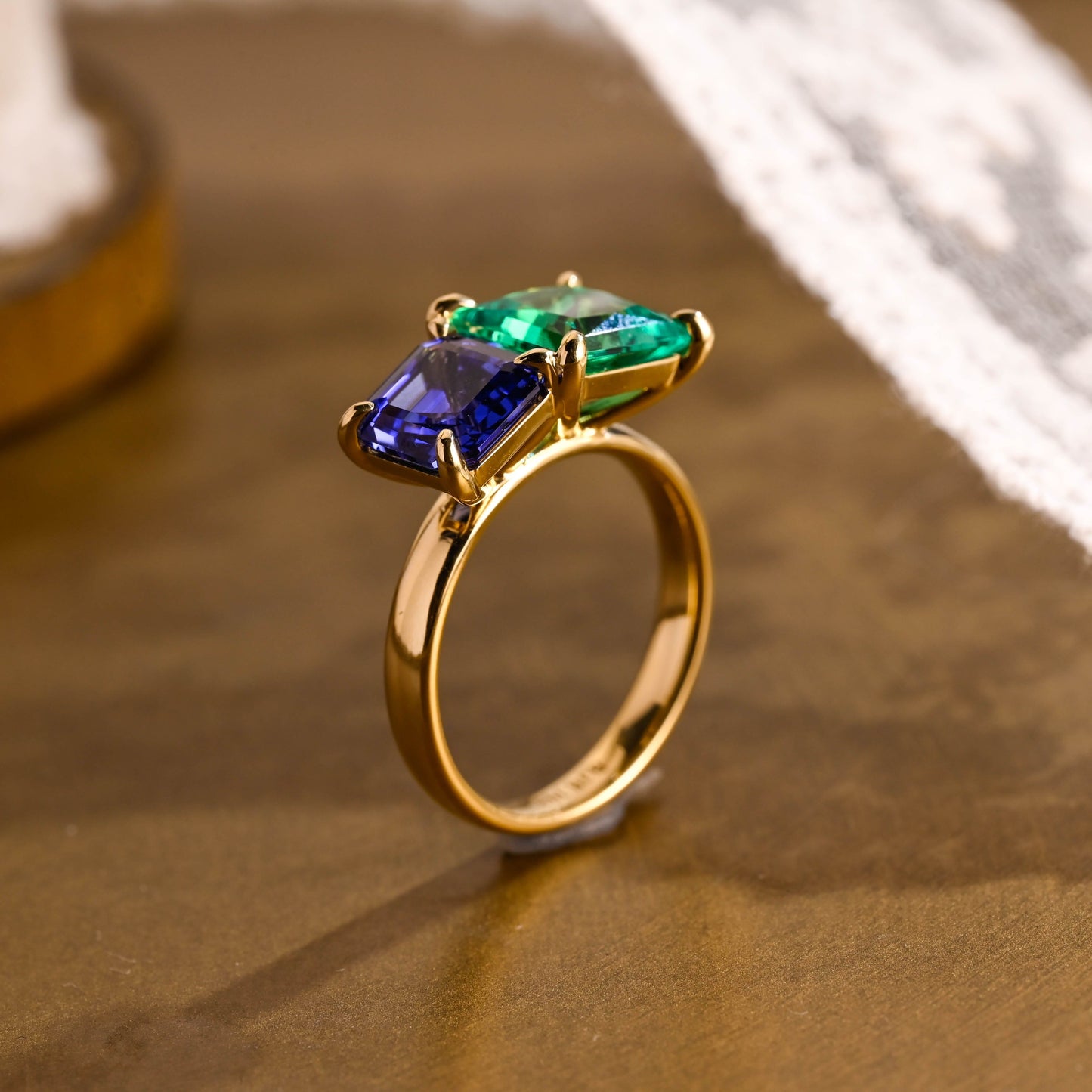 SquareJewelry asscher cut lab grown emerald engagement ring Solid Gold Toi et Moi Asscher Lab Grown Sapphire & Princess Lab Grown Emerald Engagement Ring