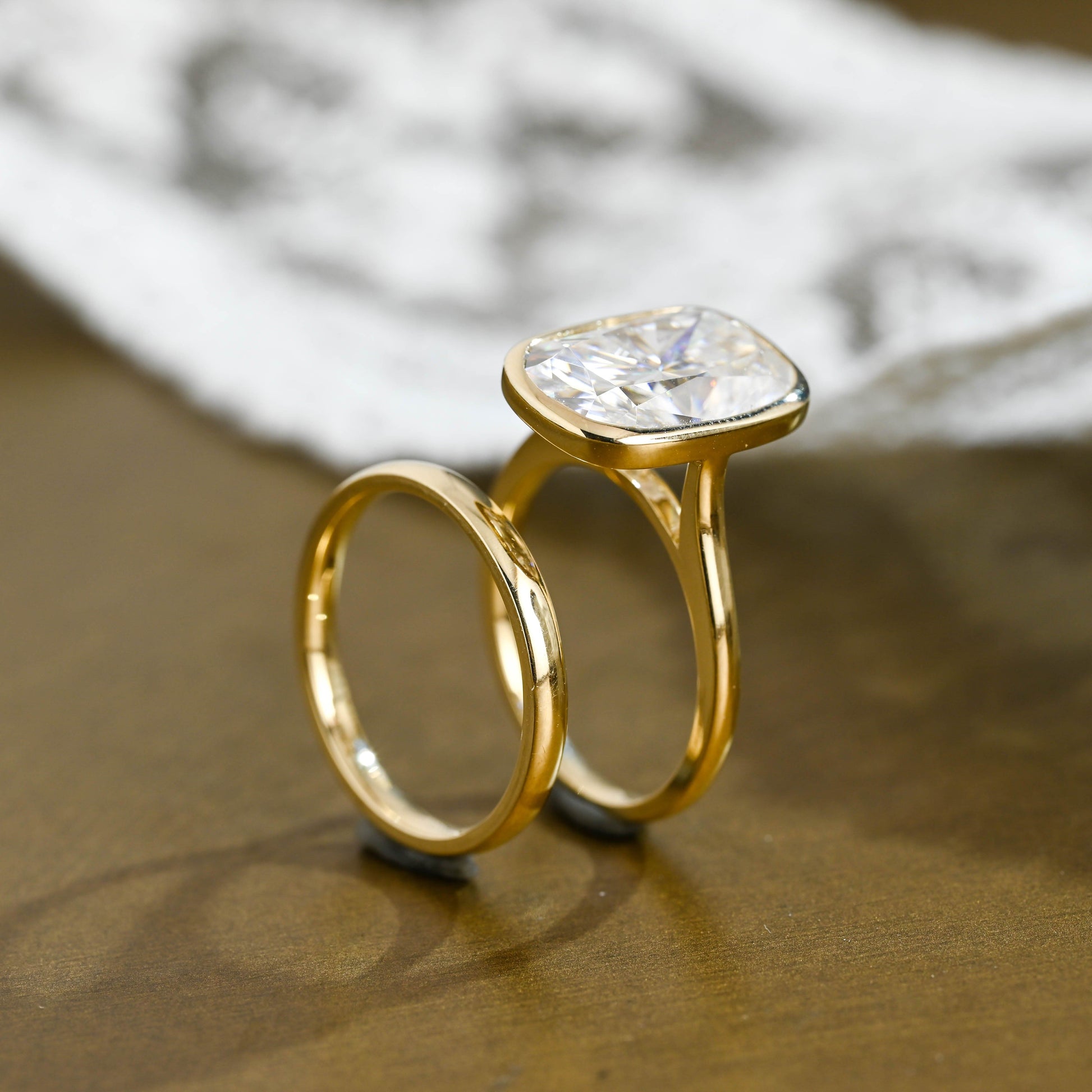 SquareJewelry cushion cut bridal set Solid Gold Solitaire Bezel Elongated Cushion Cut Wedding Ring Set