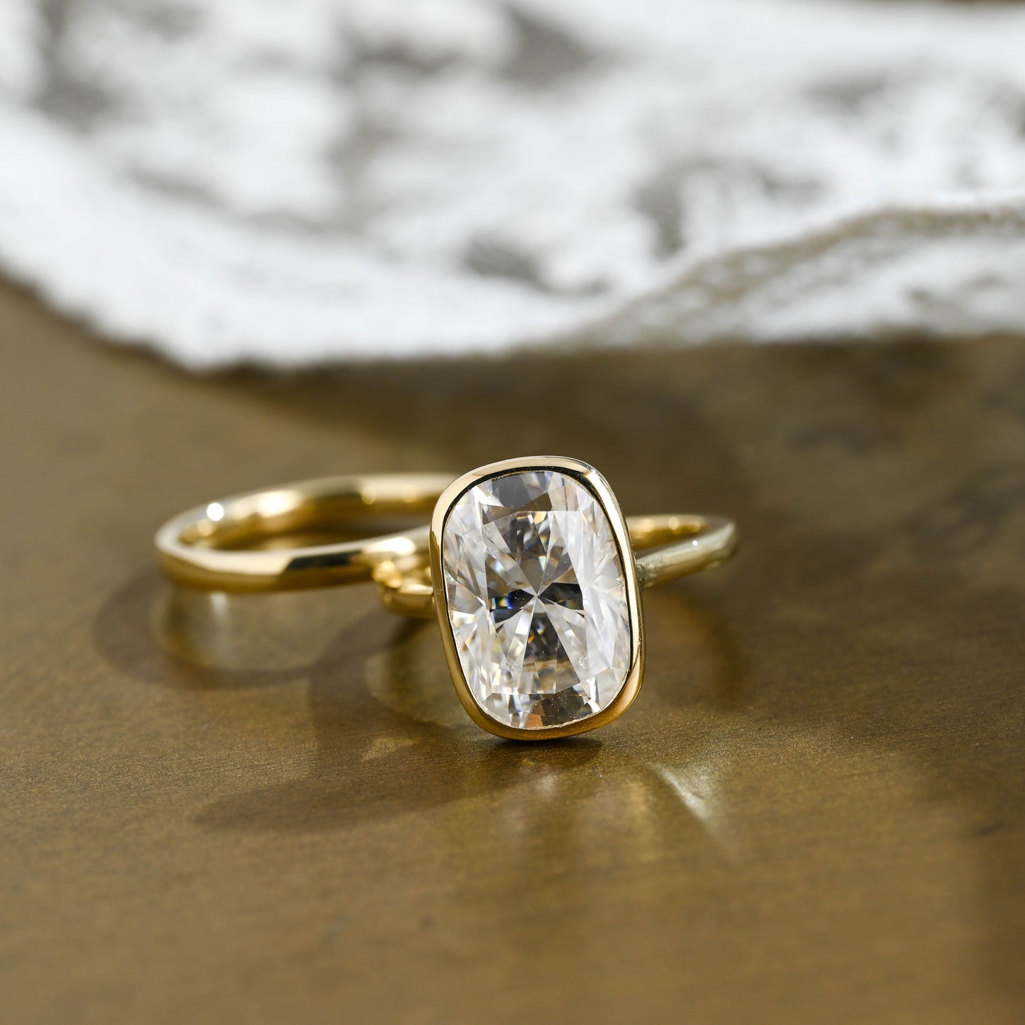 SquareJewelry cushion cut bridal set Solid Gold Solitaire Bezel Elongated Cushion Cut Wedding Ring Set