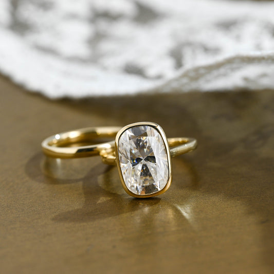 SquareJewelry cushion cut bridal set Solid Gold Solitaire Bezel Elongated Cushion Cut Wedding Ring Set