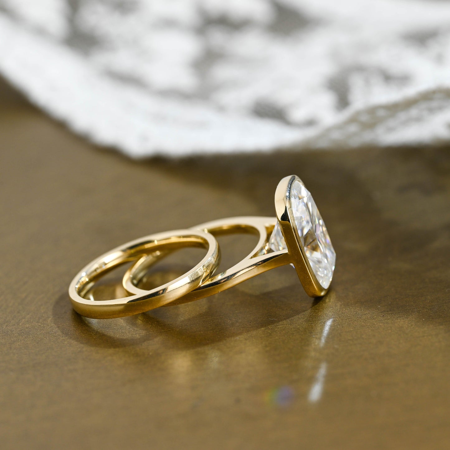 SquareJewelry cushion cut bridal set Solid Gold Solitaire Bezel Elongated Cushion Cut Wedding Ring Set