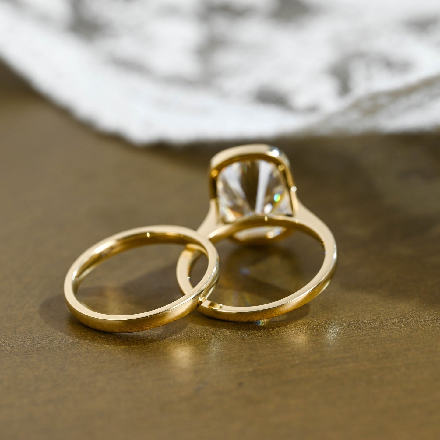 SquareJewelry cushion cut bridal set Solid Gold Solitaire Bezel Elongated Cushion Cut Wedding Ring Set