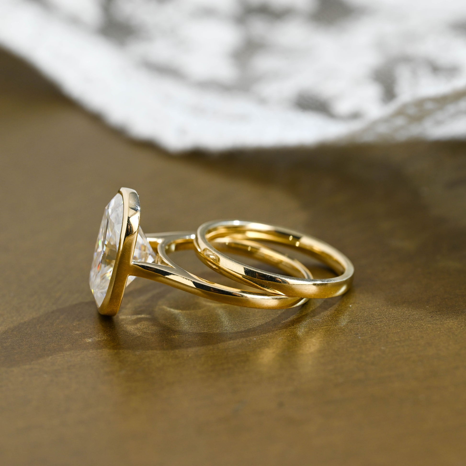 SquareJewelry cushion cut bridal set Solid Gold Solitaire Bezel Elongated Cushion Cut Wedding Ring Set