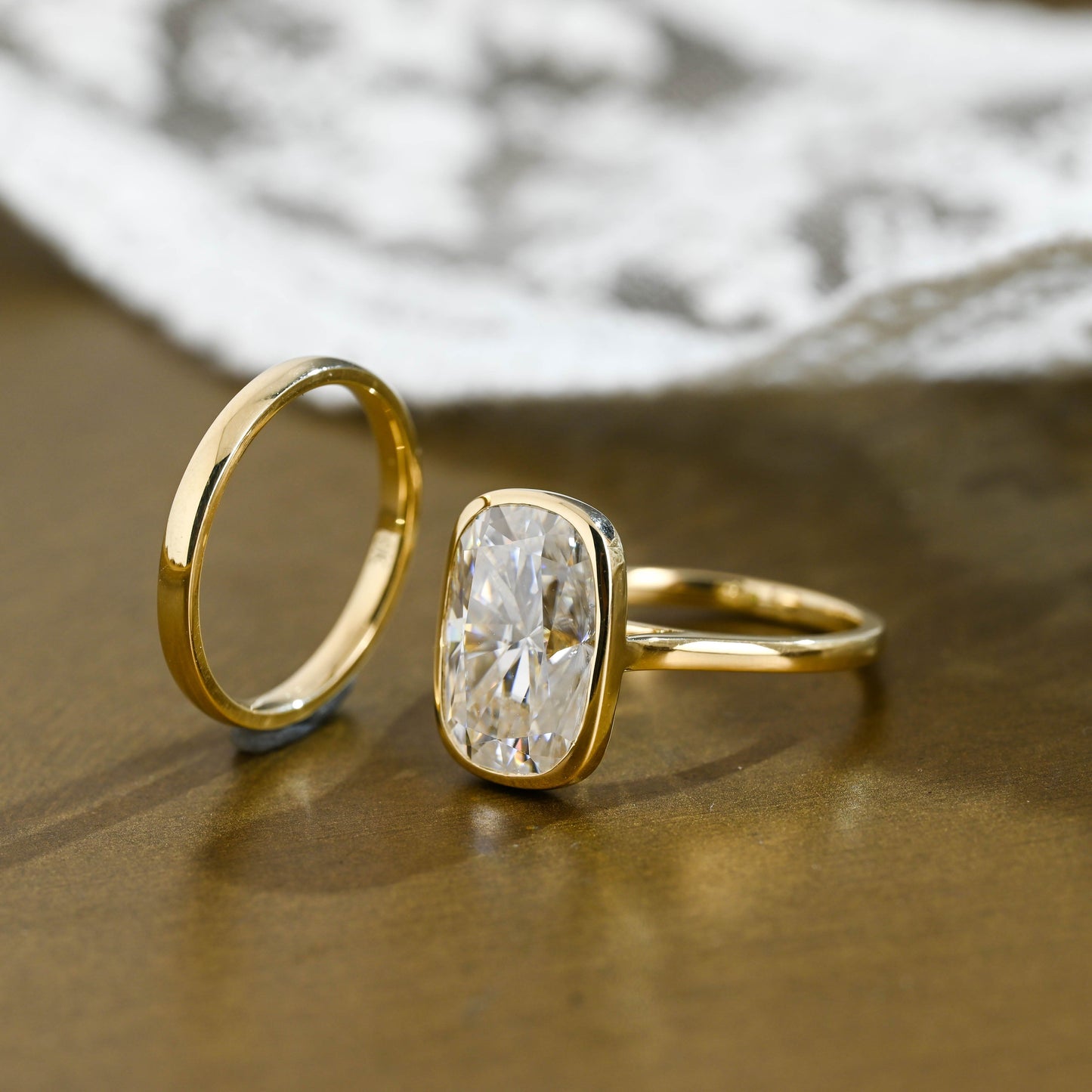 SquareJewelry cushion cut bridal set Solid Gold Solitaire Bezel Elongated Cushion Cut Wedding Ring Set