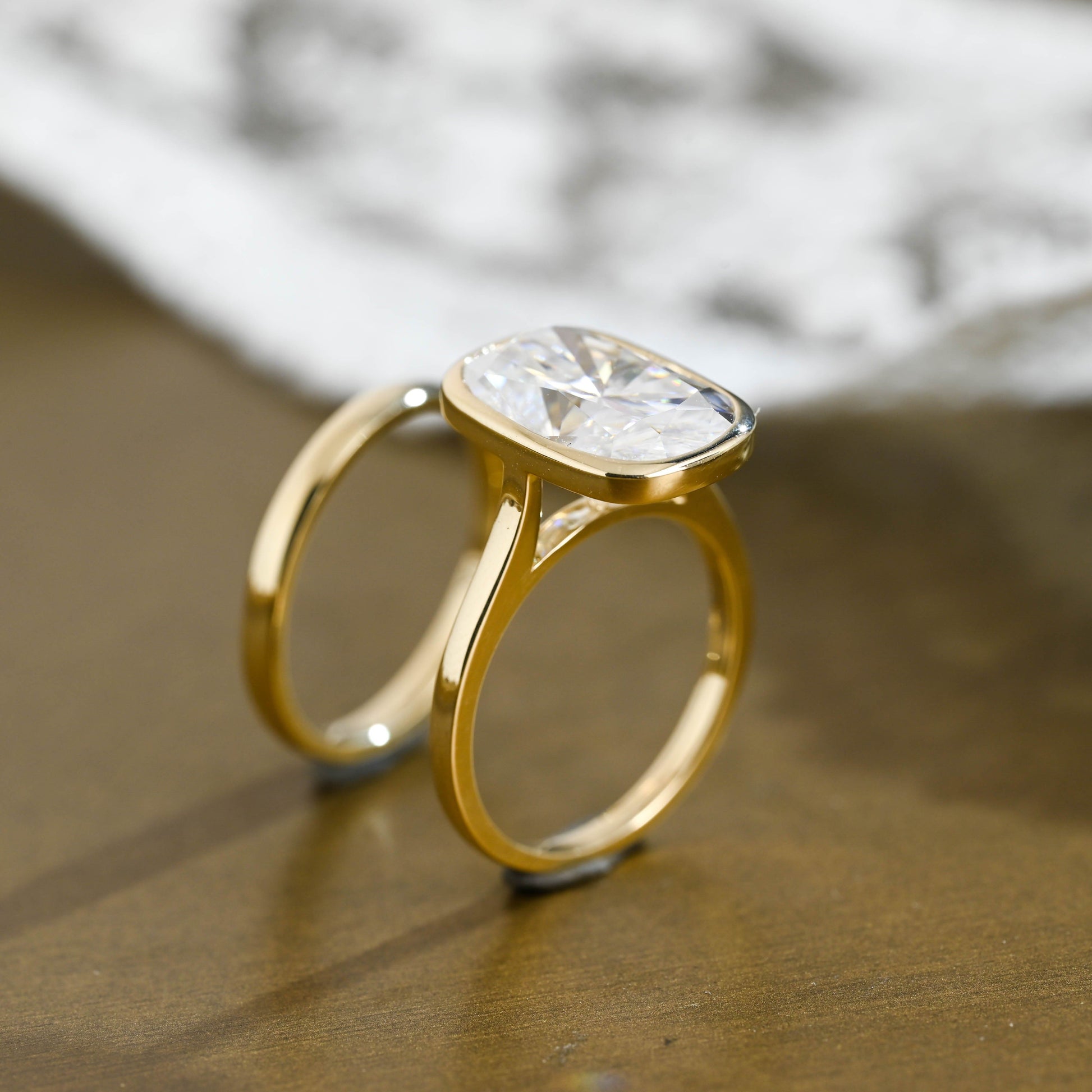 SquareJewelry cushion cut bridal set Solid Gold Solitaire Bezel Elongated Cushion Cut Wedding Ring Set