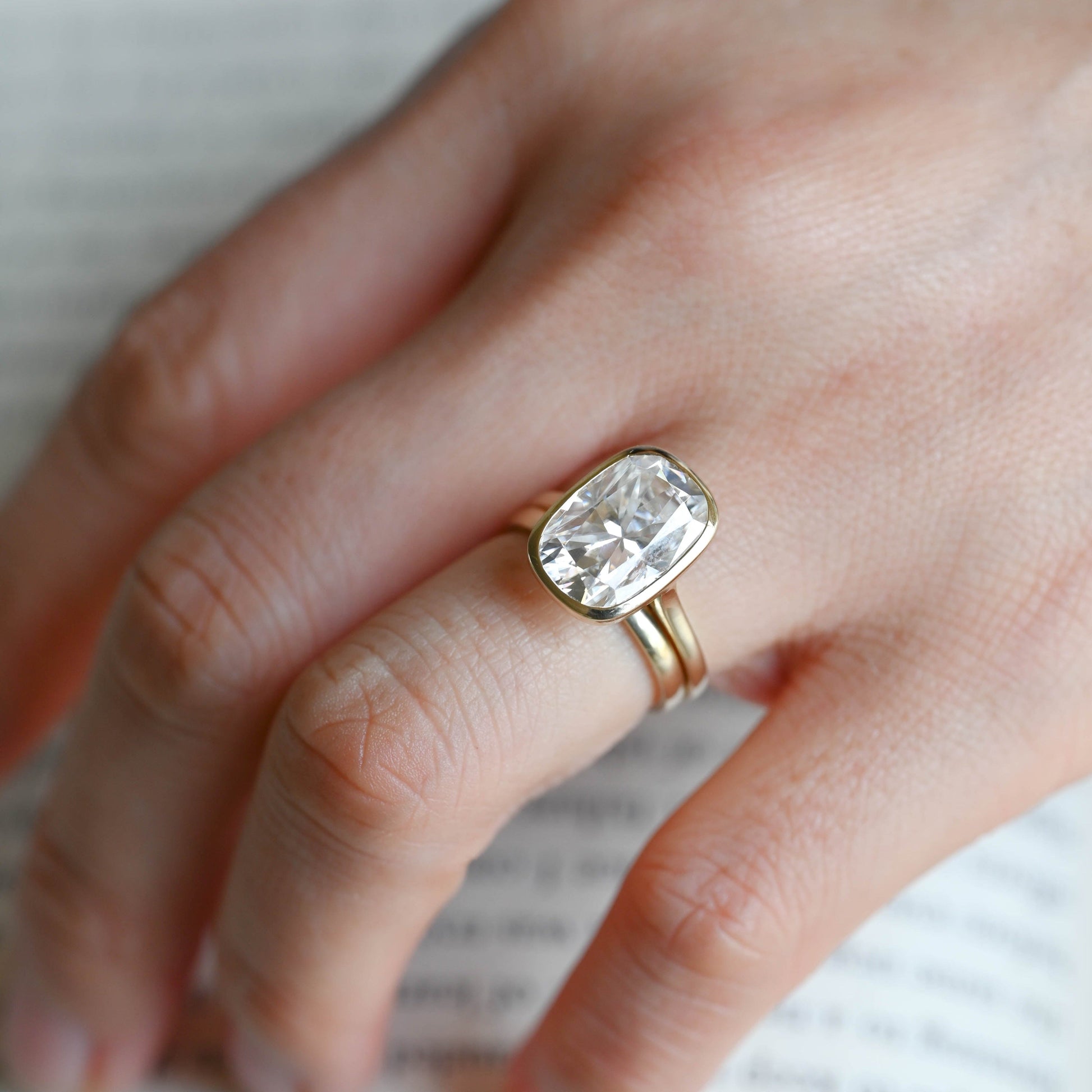 SquareJewelry cushion cut bridal set Solid Gold Solitaire Bezel Elongated Cushion Cut Wedding Ring Set