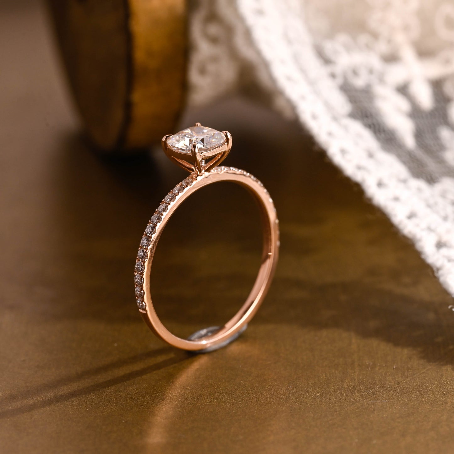 SquareJewelry cushion cut moissanite engagement ring Solid Gold Hidden Halo Elongated Cushion Moissanite Paved Engagement Ring
