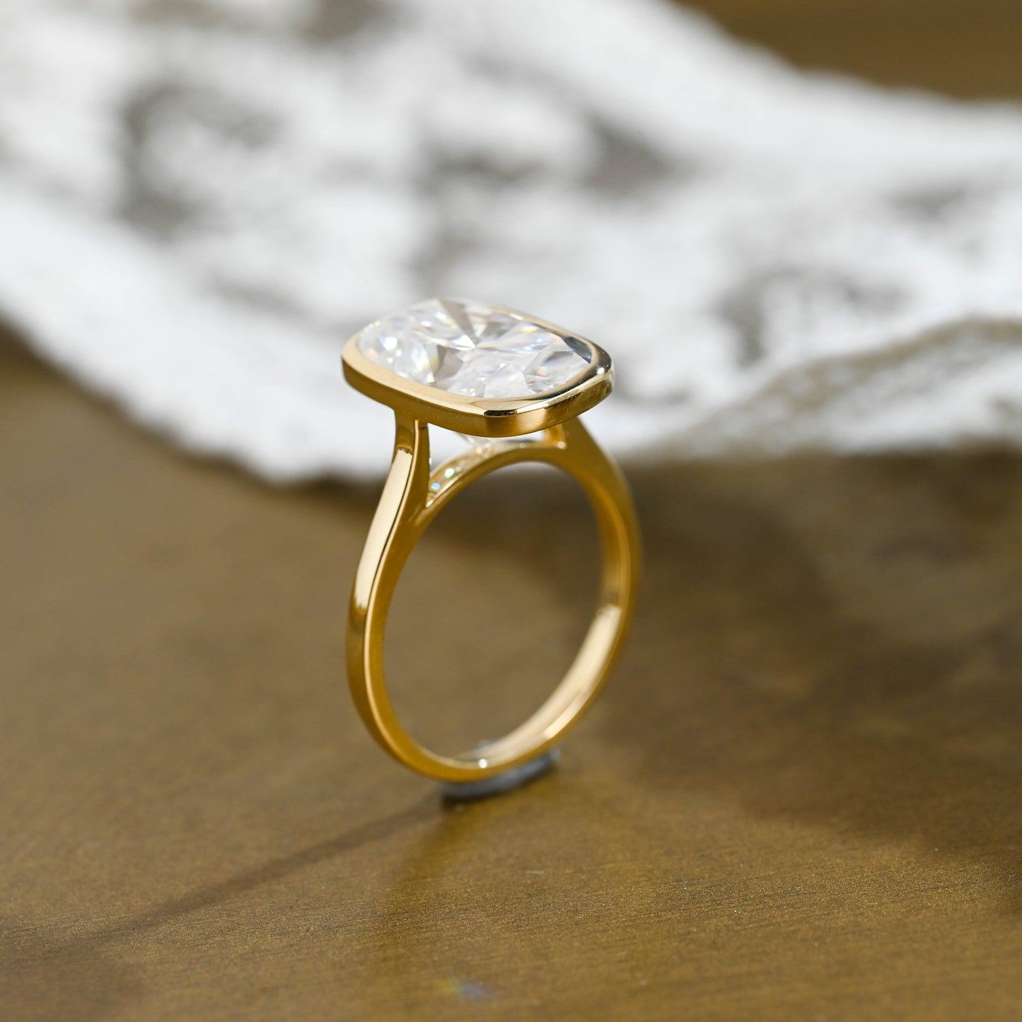 SquareJewelry cushion cut moissanite engagement ring Solid Gold Solitaire Bezel Elongated Cushion Cut Moissanite Engagement Ring
