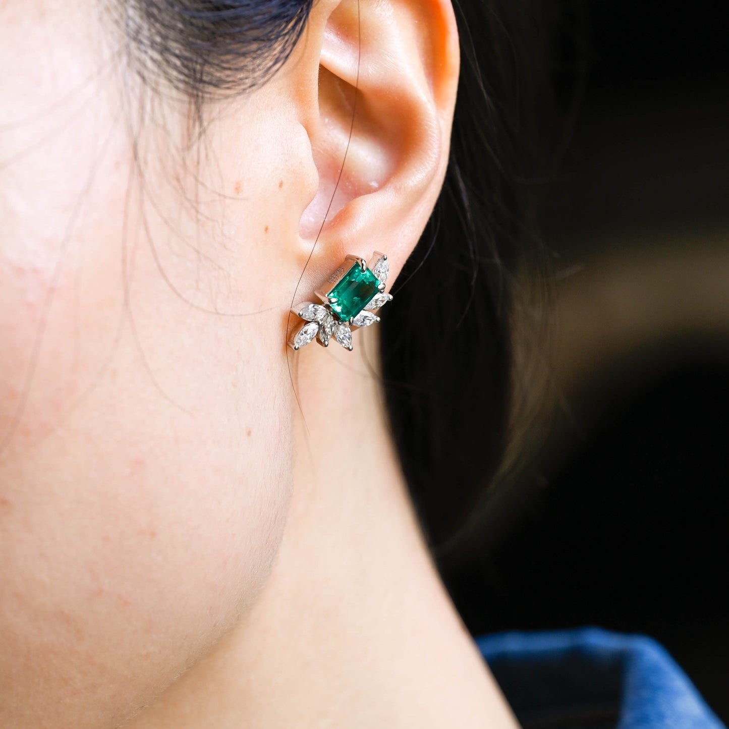 SquareJewelry earrings Leaf Cluster Lab Grown Emerald Earrings Studs