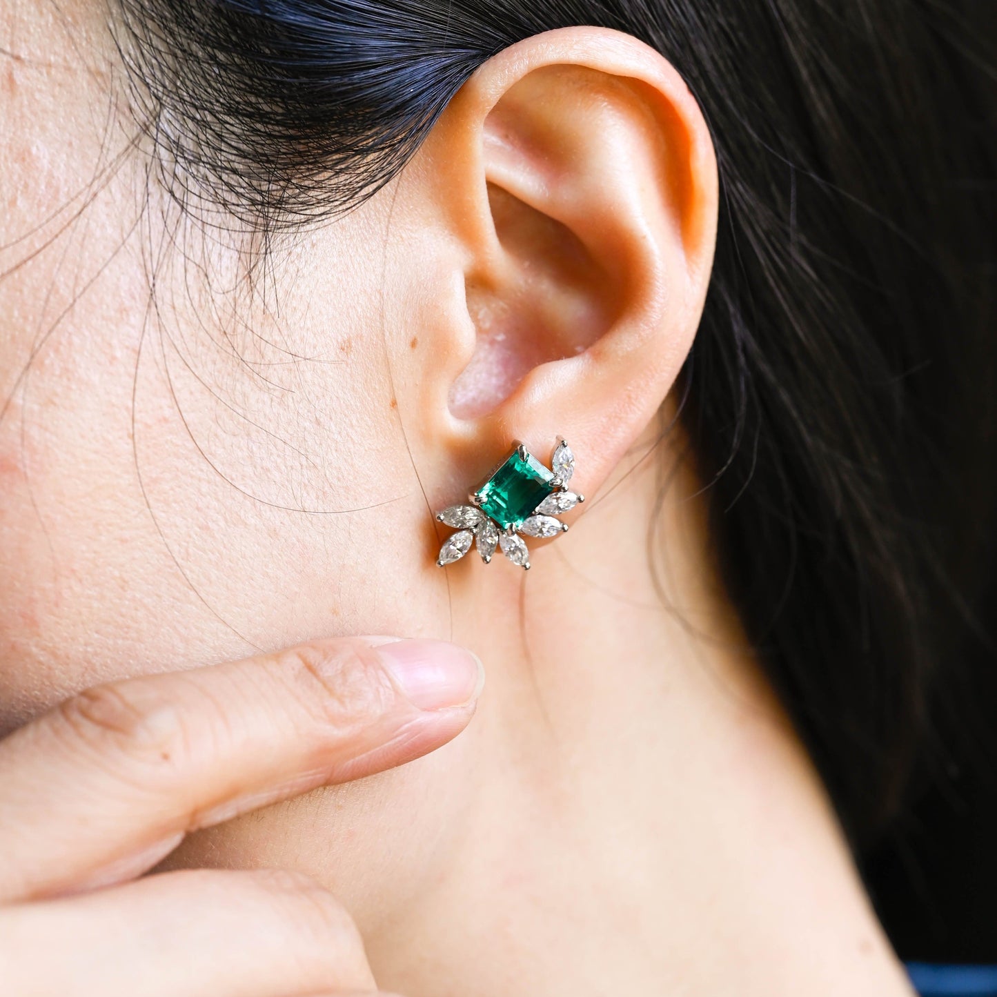 SquareJewelry earrings Leaf Cluster Lab Grown Emerald Earrings Studs