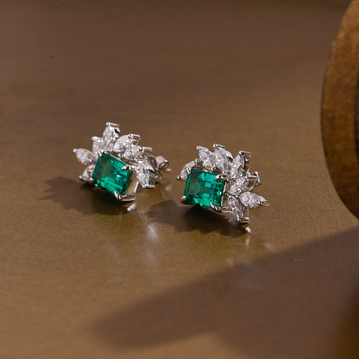 SquareJewelry earrings Leaf Cluster Lab Grown Emerald Earrings Studs