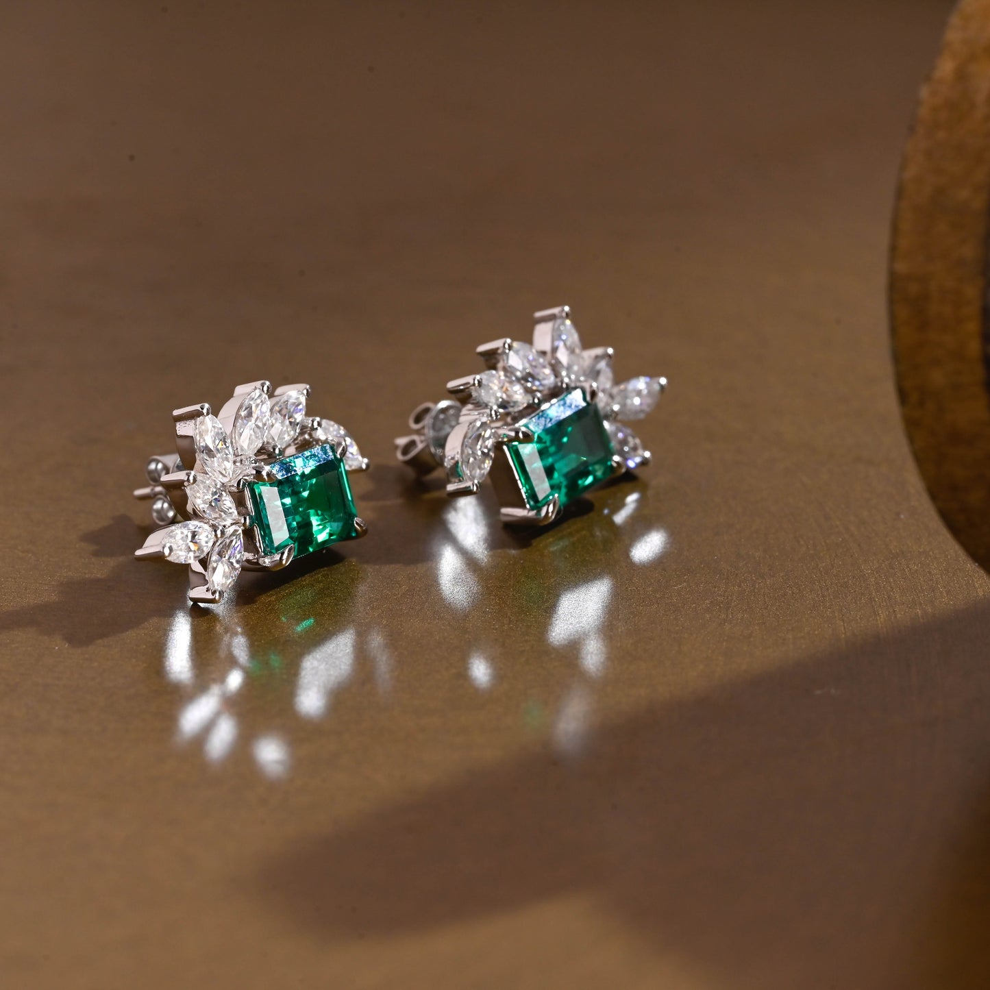 SquareJewelry earrings Leaf Cluster Lab Grown Emerald Earrings Studs
