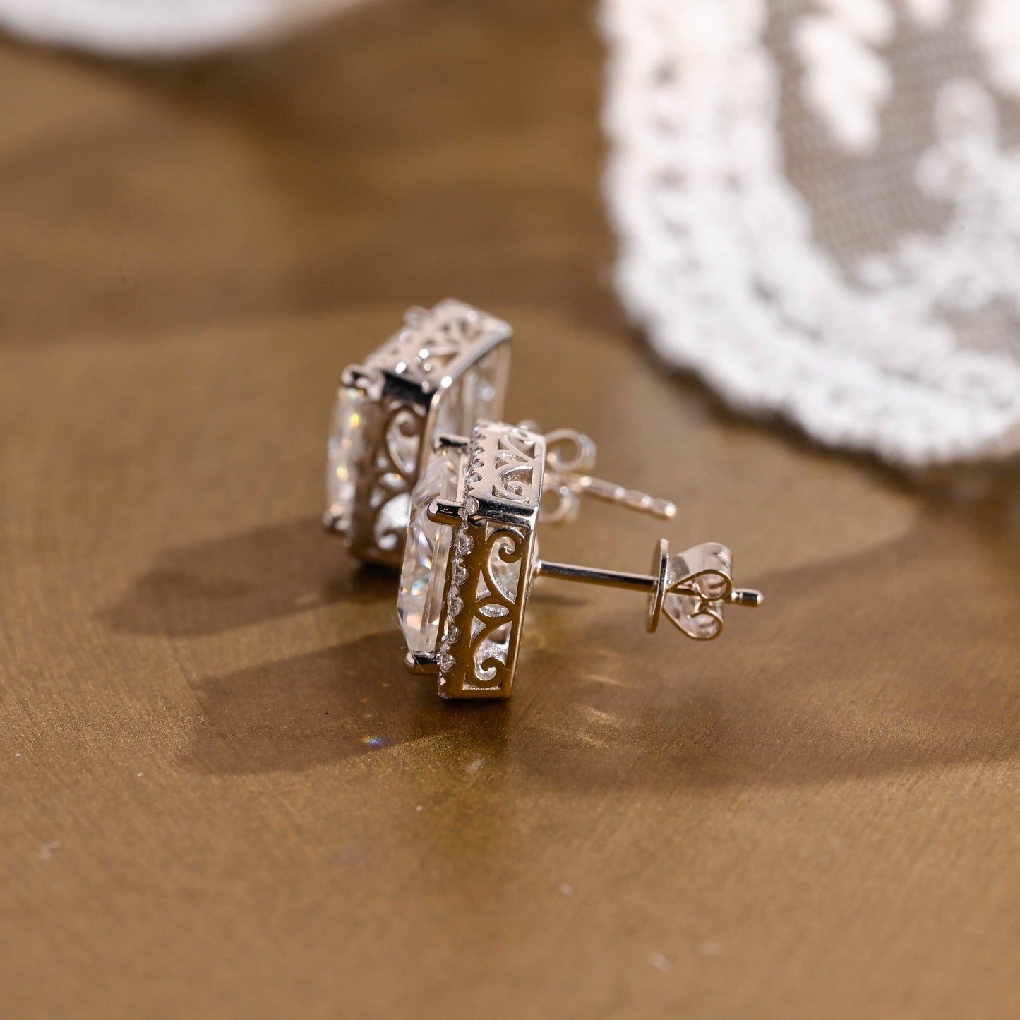 SquareJewelry earrings Solid Gold Filigree Style Earrings, Halo Princess Cut Moissanite Earrings Studs