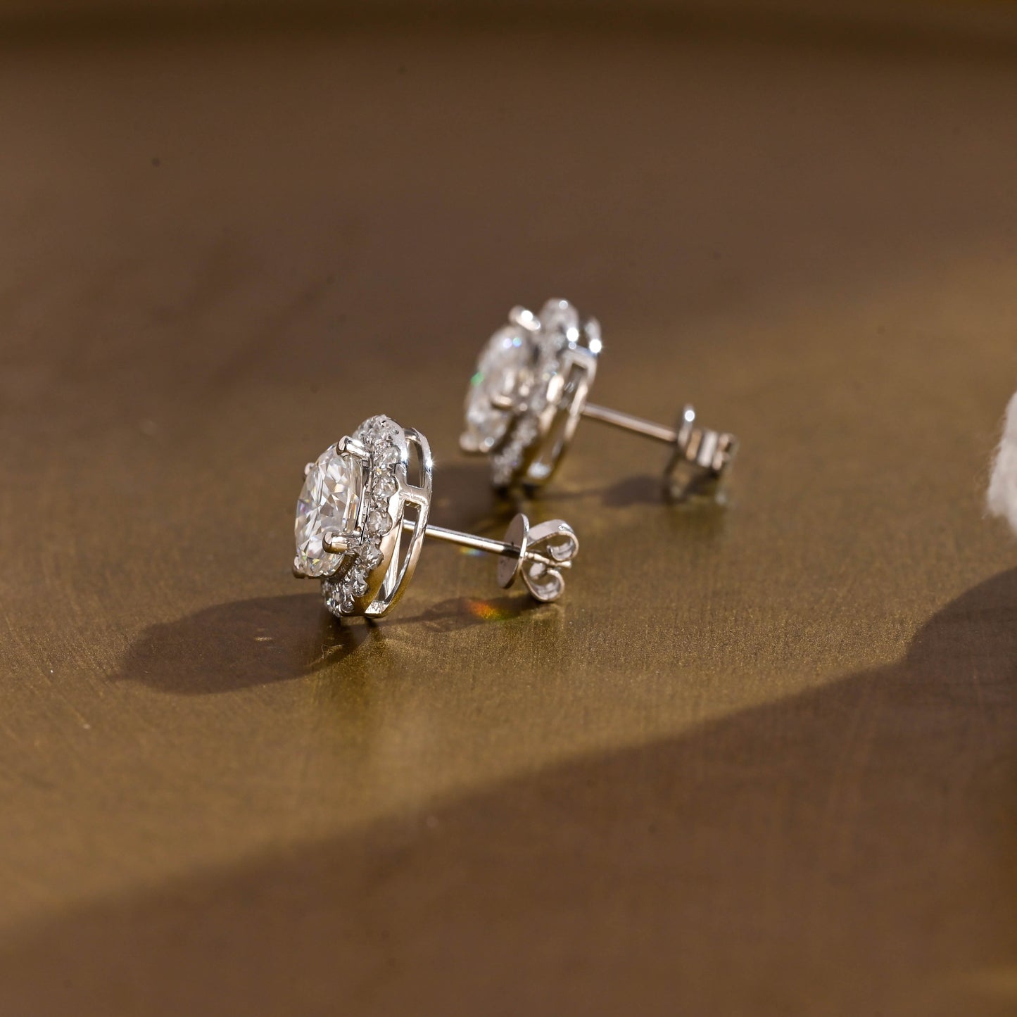 SquareJewelry earrings Solid Gold Halo Round Moissanite Earrings Studs