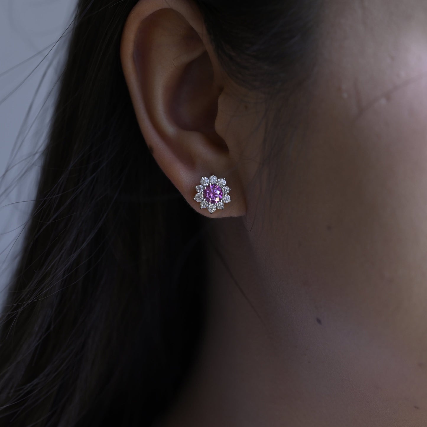 SquareJewelry earrings Sunflower Halo Purple Lab Grown Sapphire Earrings Studs
