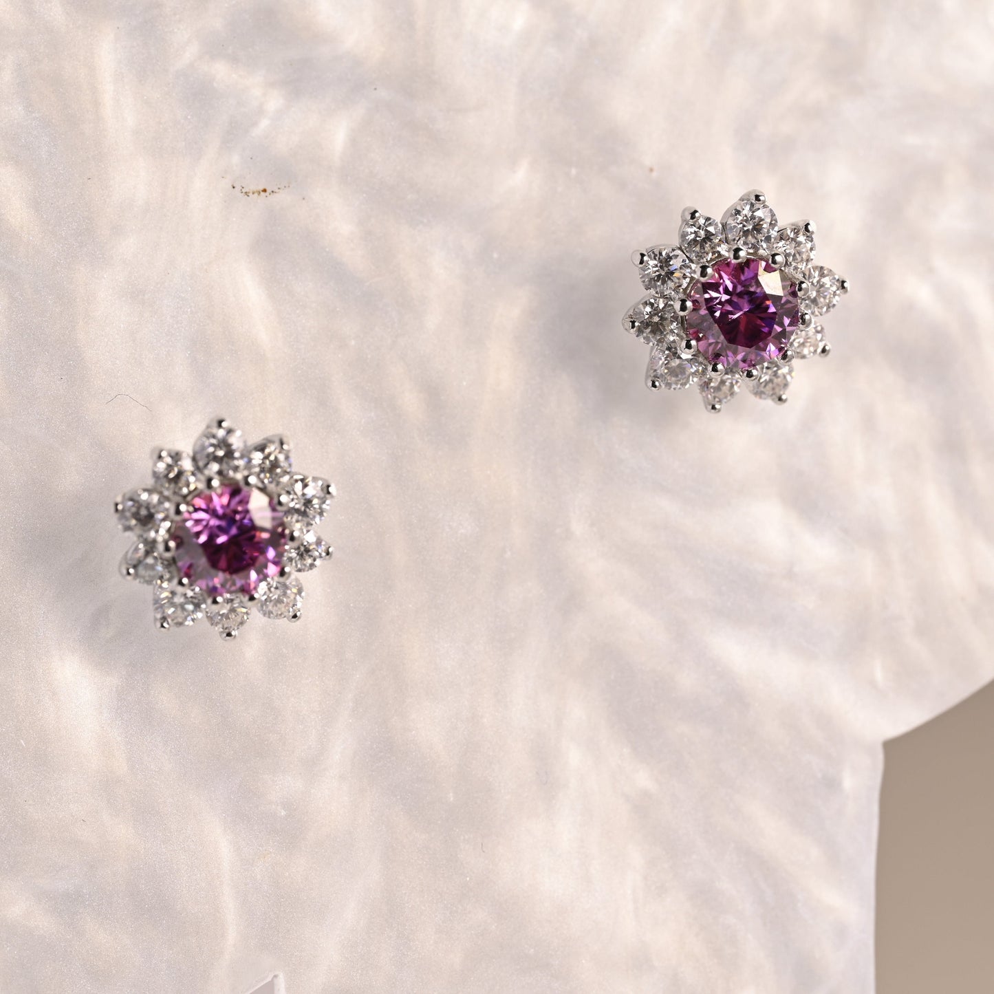 SquareJewelry earrings Sunflower Halo Purple Lab Grown Sapphire Earrings Studs