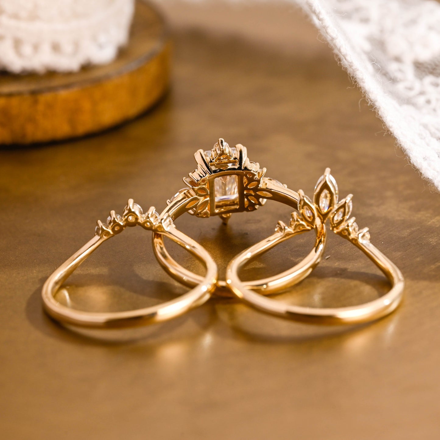 SquareJewelry emerald cut bridal set Solid Gold Emerald Cut Moissanite Trio Wedding Ring Set