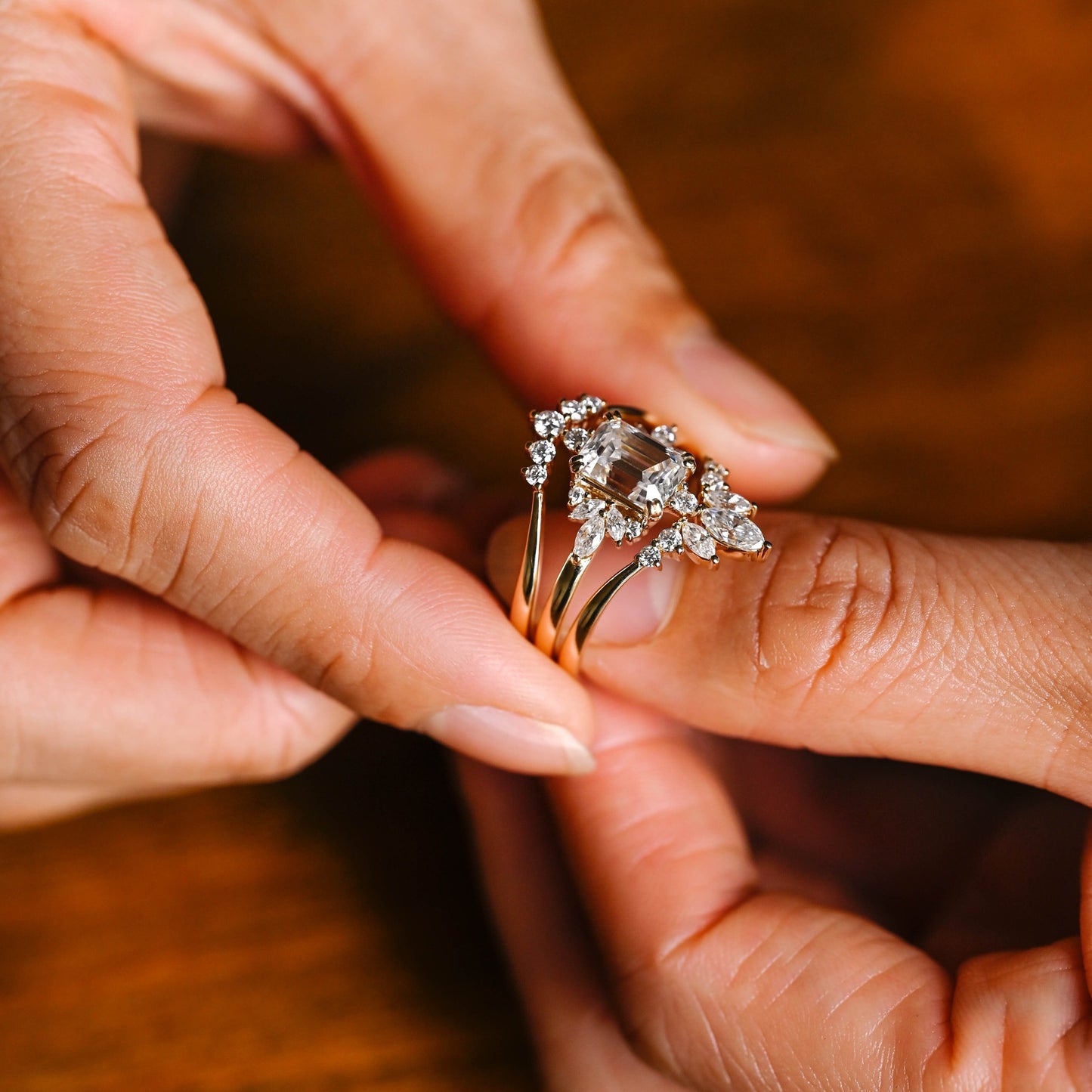 SquareJewelry emerald cut bridal set Solid Gold Emerald Cut Moissanite Trio Wedding Ring Set