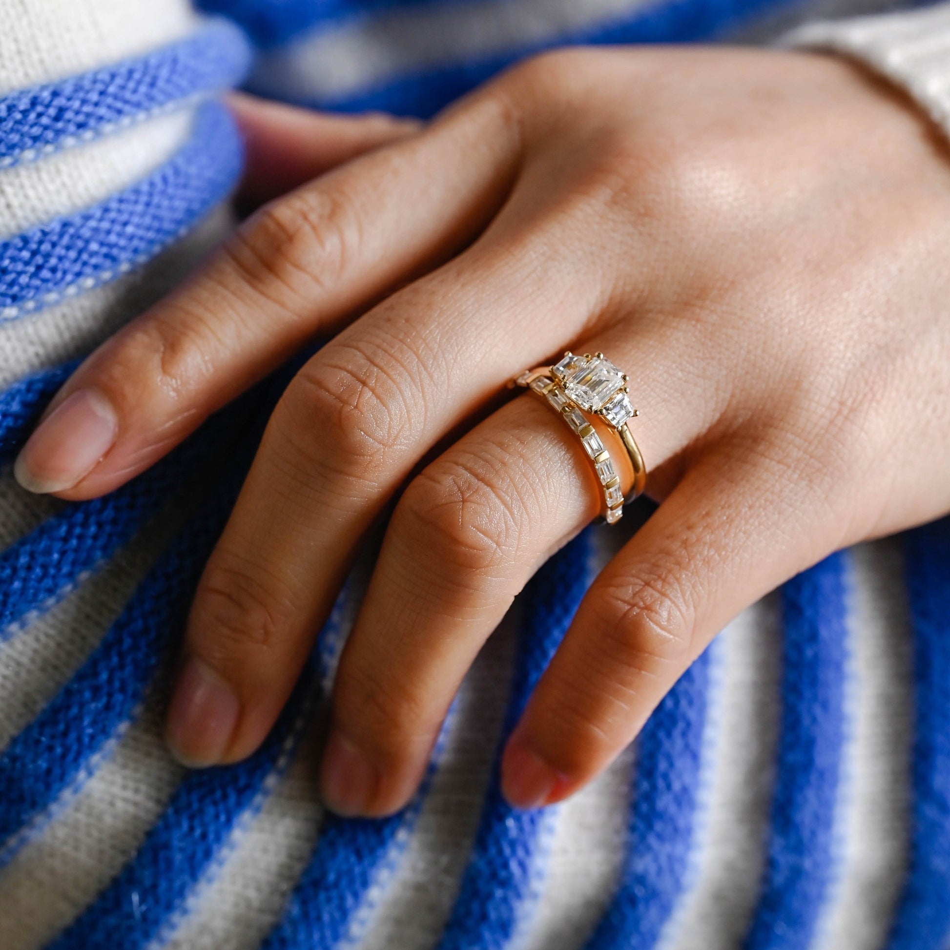 SquareJewelry emerald cut bridal set Solid Gold Emerald Cut Three Stone Moissainte Wedding Ring Set