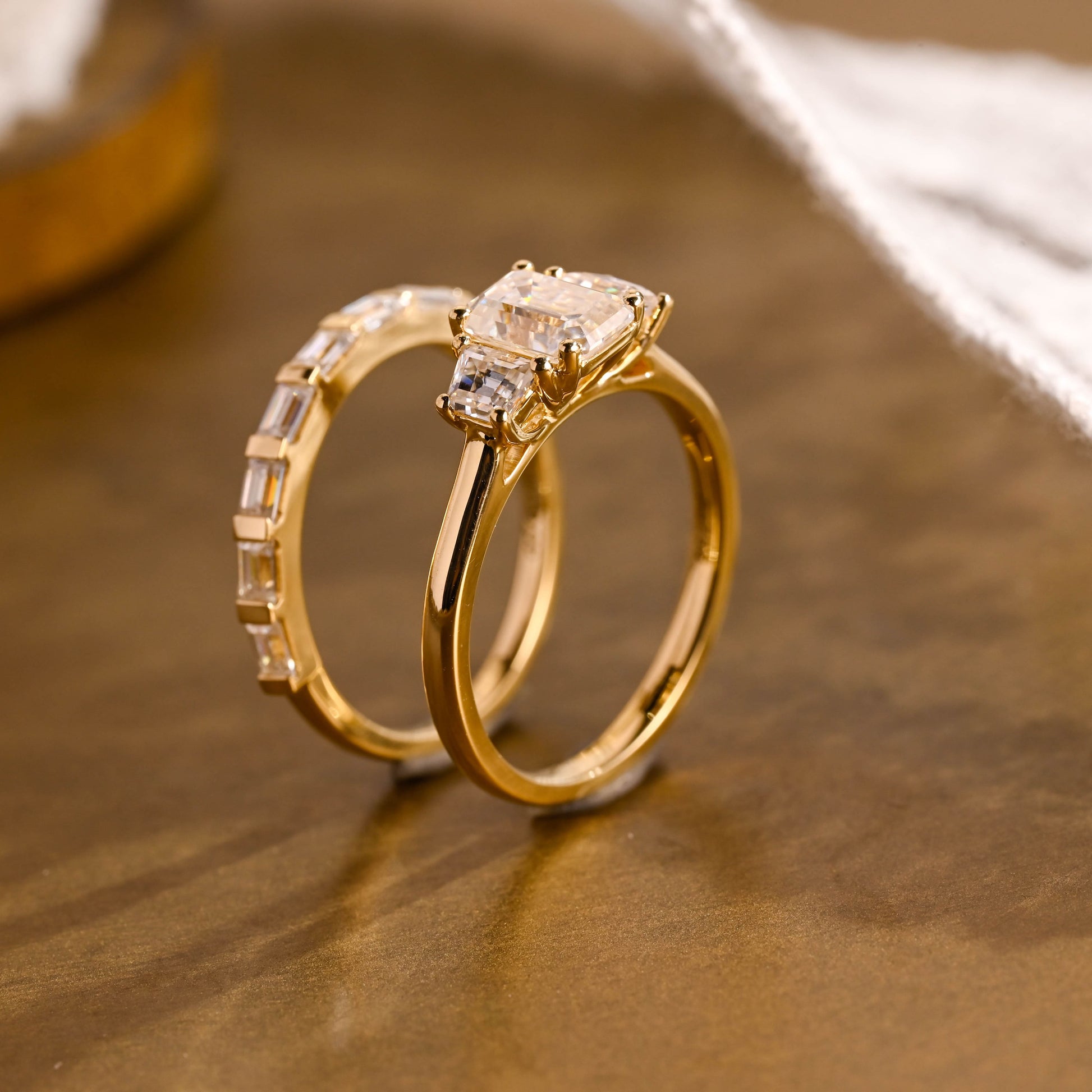 SquareJewelry emerald cut bridal set Solid Gold Emerald Cut Three Stone Moissainte Wedding Ring Set