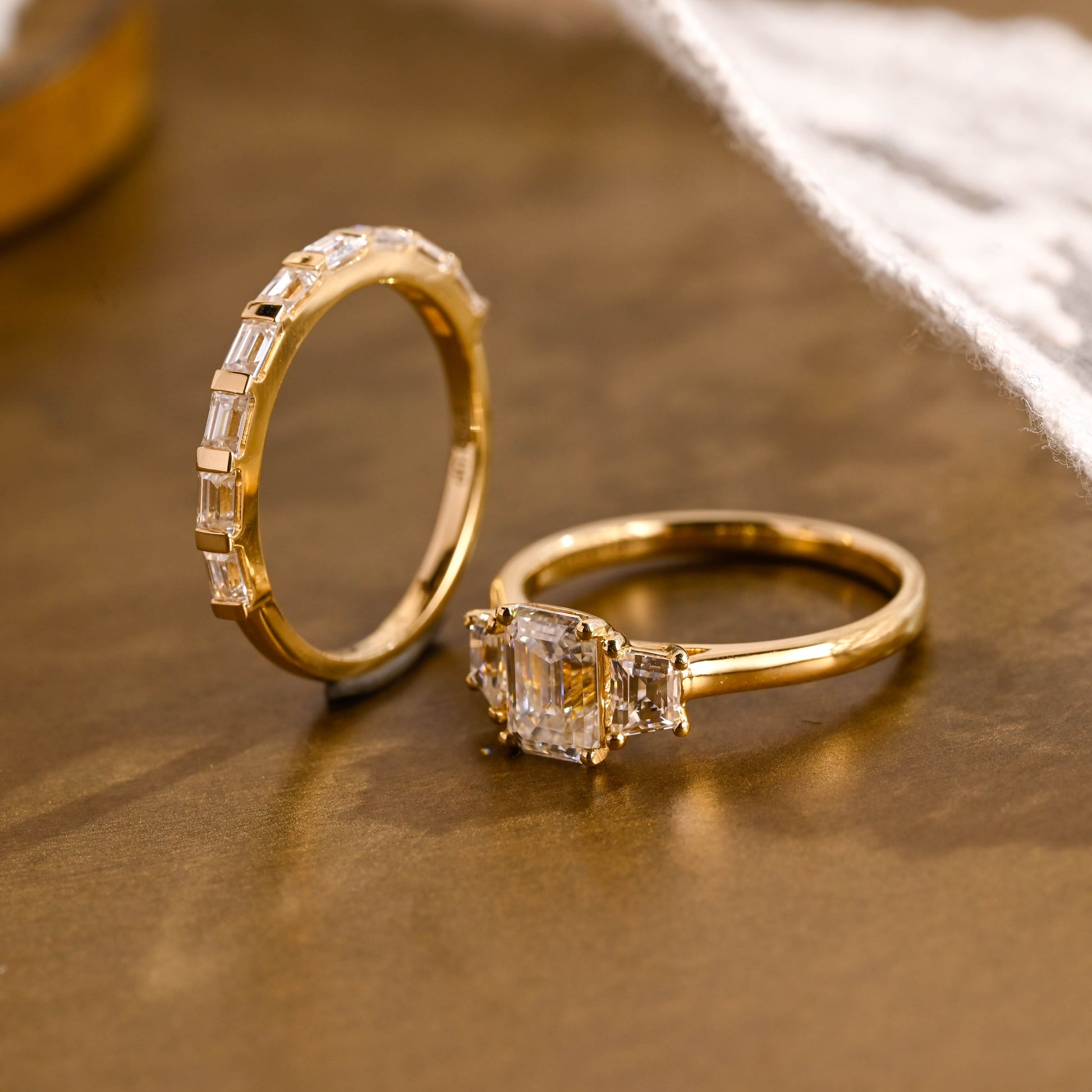 SquareJewelry emerald cut bridal set Solid Gold Emerald Cut Three Stone Moissainte Wedding Ring Set