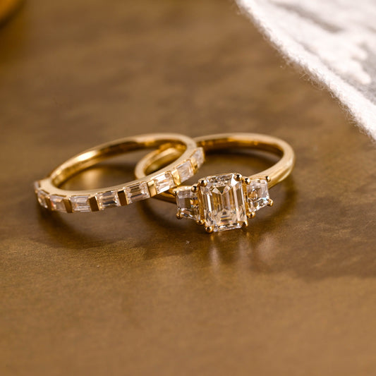 SquareJewelry emerald cut bridal set Solid Gold Emerald Cut Three Stone Moissainte Wedding Ring Set
