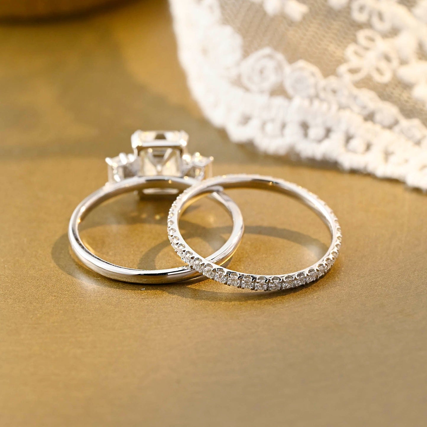 SquareJewelry emerald cut bridal set Solid Gold Emerald Cut Three Stone Moissainte Wedding Ring Set with Full Eternity Band