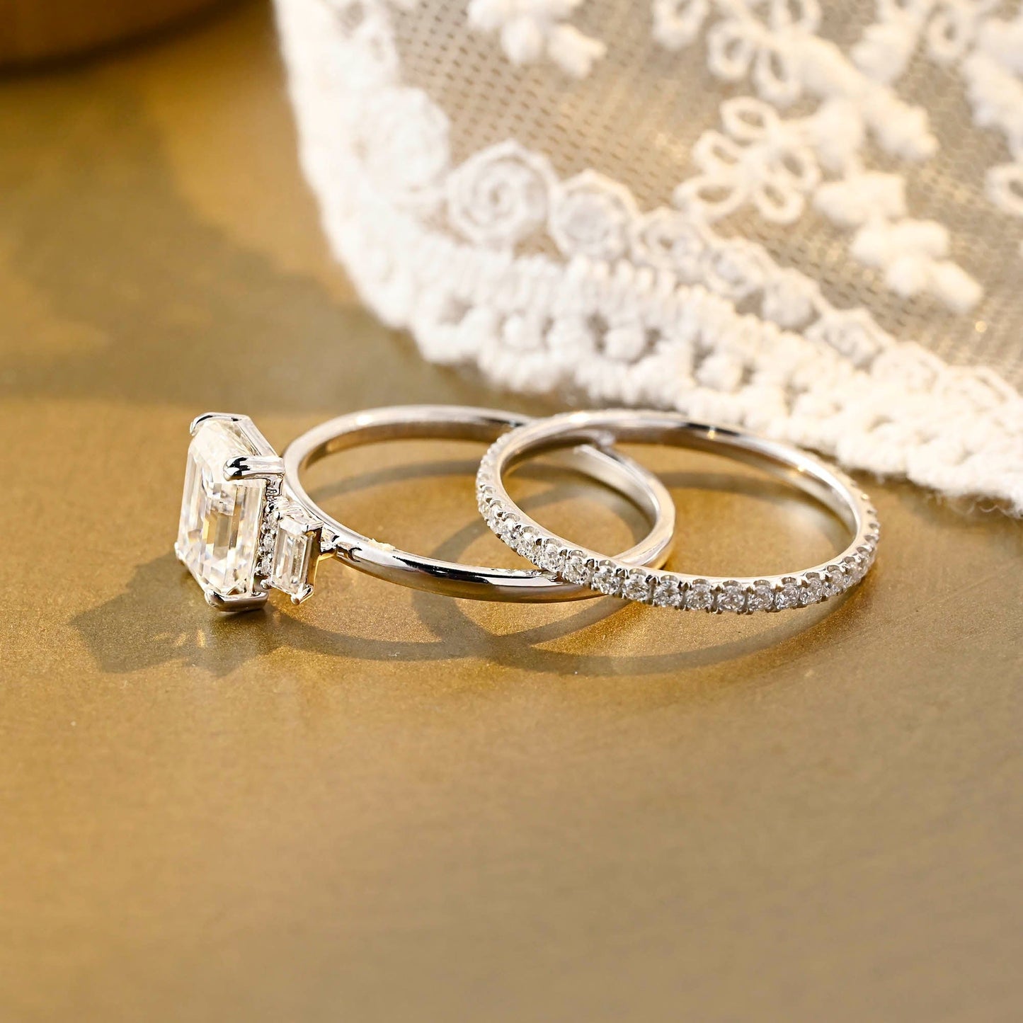 SquareJewelry emerald cut bridal set Solid Gold Emerald Cut Three Stone Moissainte Wedding Ring Set with Full Eternity Band