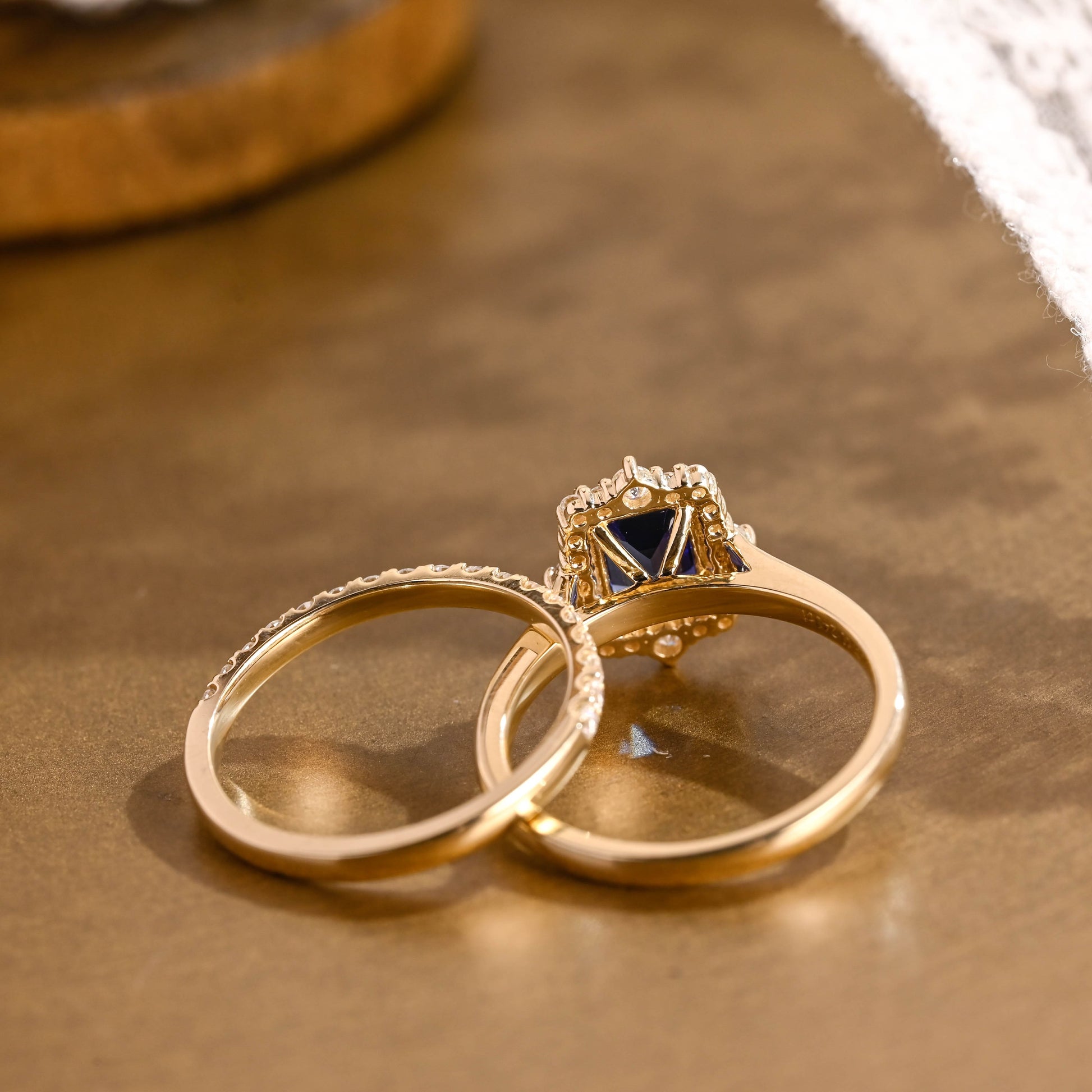 SquareJewelry emerald cut bridal set Solid Gold Halo Emerald Cut Blue Lab Grown Sapphire Ring Set