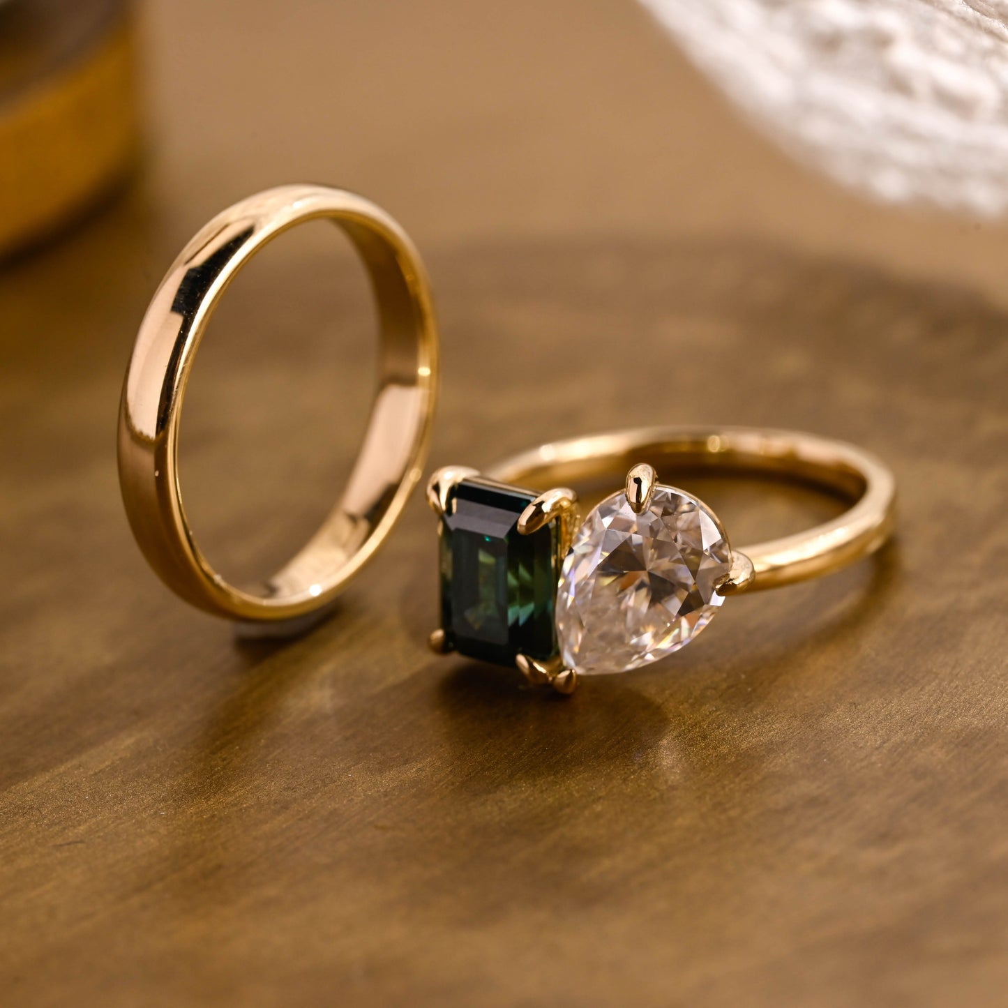 SquareJewelry emerald cut bridal set Toi et Moi Lab Grown Emerald & Pear Moissanite Wedding Ring Set