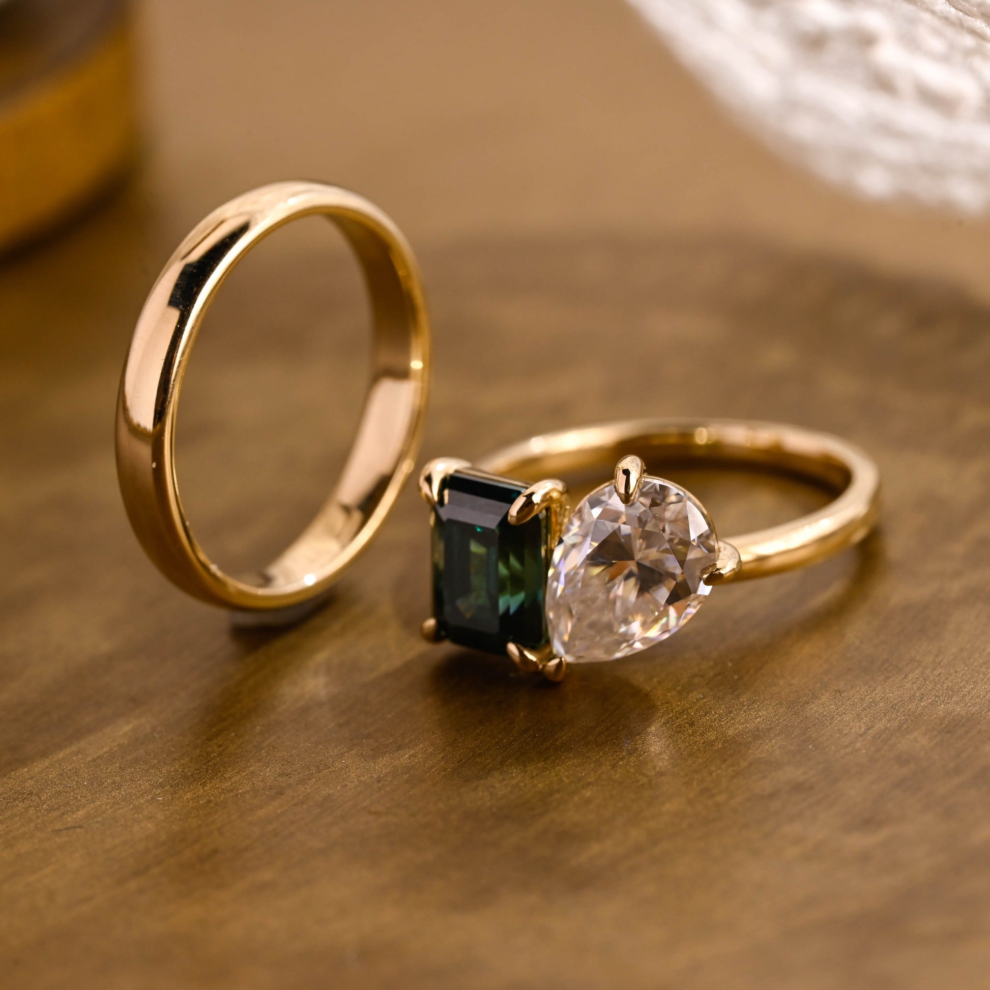 SquareJewelry emerald cut bridal set Toi et Moi Lab Grown Emerald & Pear Moissanite Wedding Ring Set
