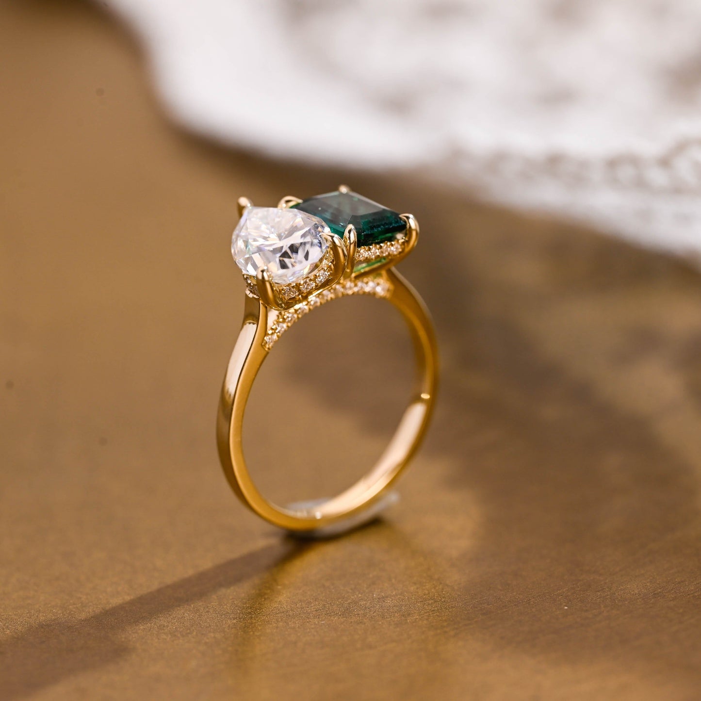 SquareJewelry emerald cut lab grown emerald engagement ring Solid Gold Hidden Halo Toi et Moi Lab Grown Emerald & Pear Moissanite Engagement Ring
