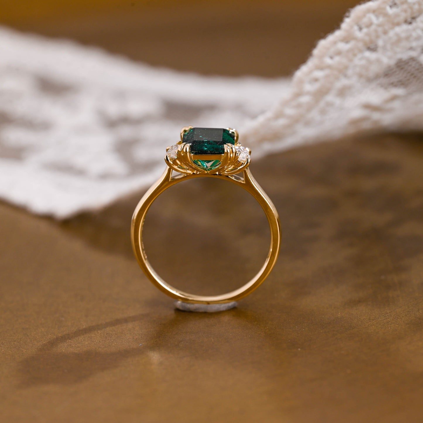 SquareJewelry emerald cut lab grown emerald engagement ring Solid Gold Three Stone Lab Grown Emerald Engagement Ring