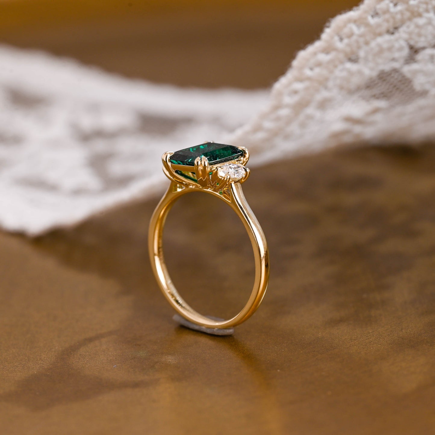 SquareJewelry emerald cut lab grown emerald engagement ring Solid Gold Three Stone Lab Grown Emerald Engagement Ring