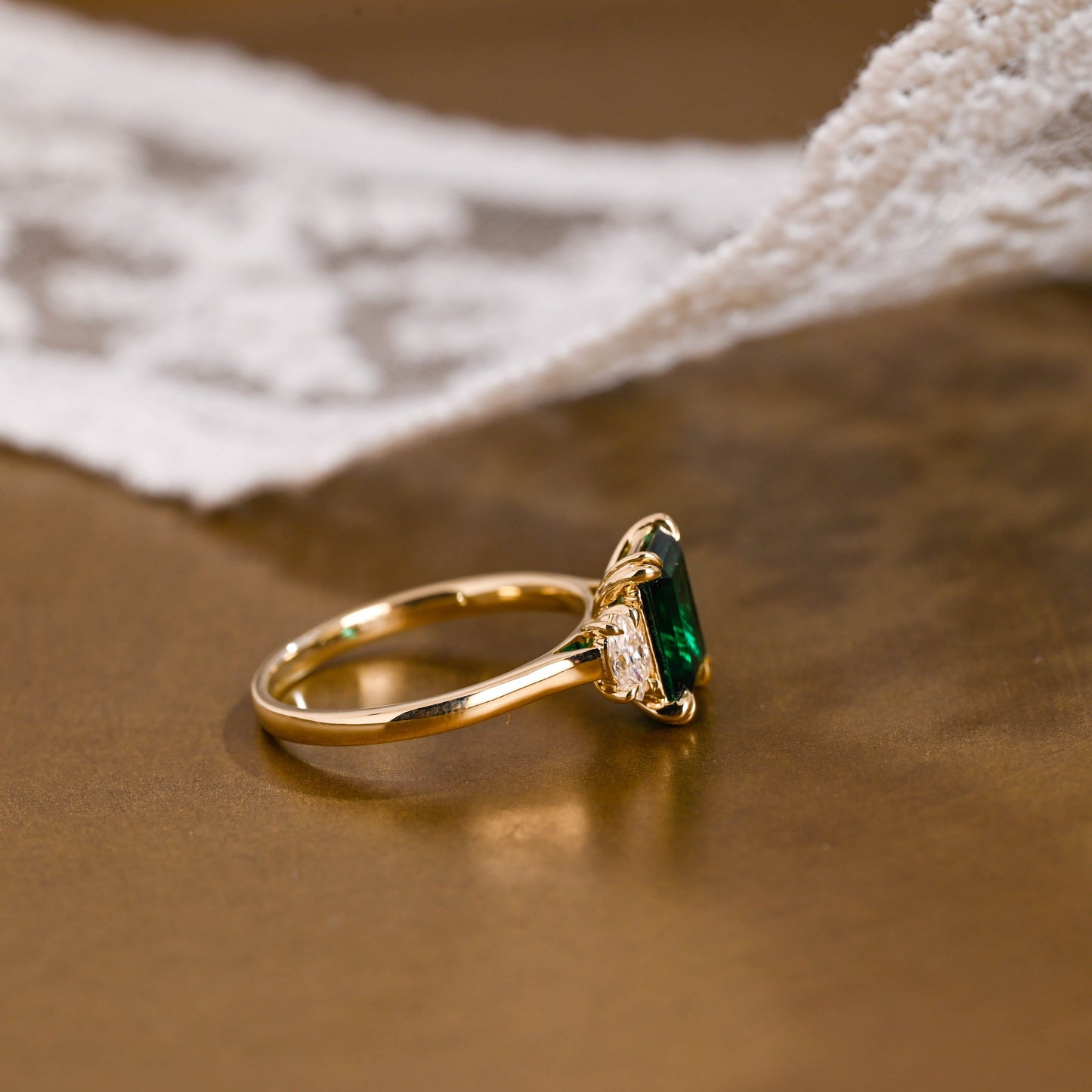 SquareJewelry emerald cut lab grown emerald engagement ring Solid Gold Three Stone Lab Grown Emerald Engagement Ring