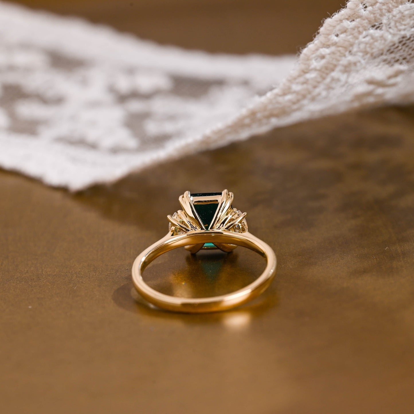 SquareJewelry emerald cut lab grown emerald engagement ring Solid Gold Three Stone Lab Grown Emerald Engagement Ring