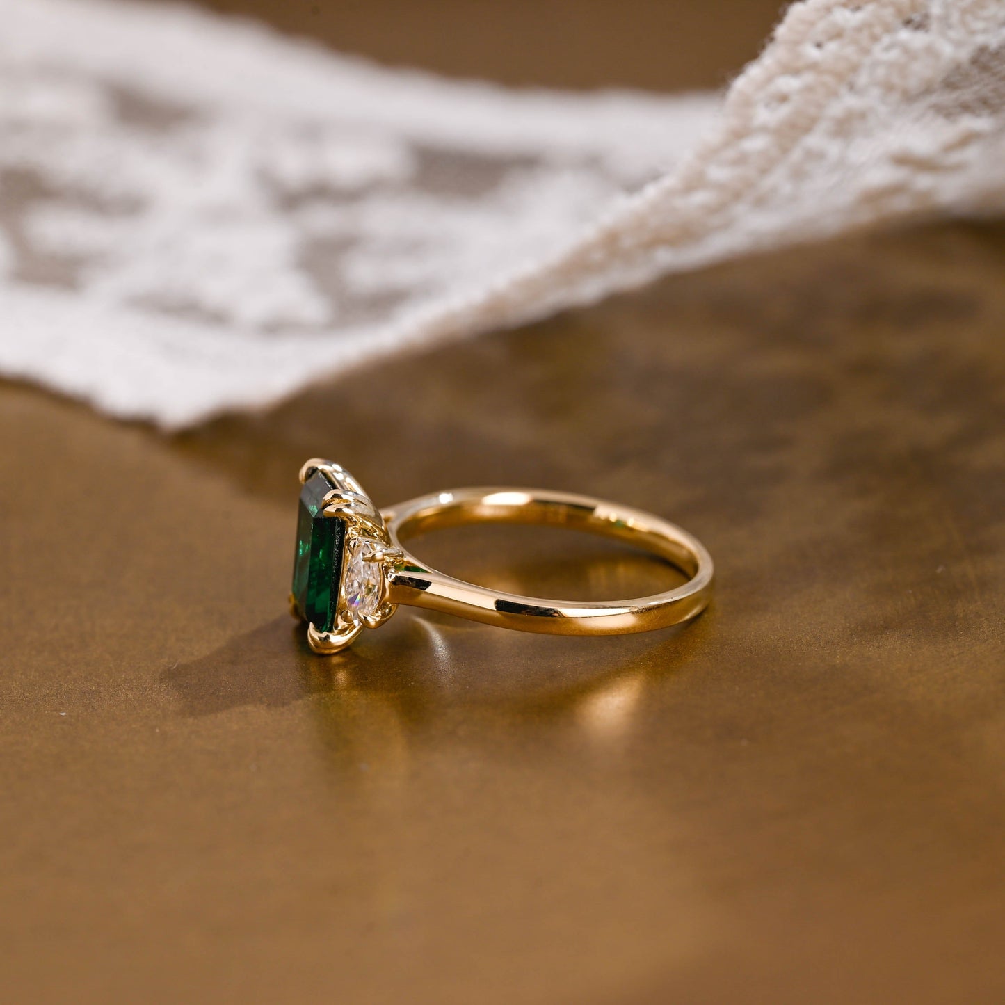 SquareJewelry emerald cut lab grown emerald engagement ring Solid Gold Three Stone Lab Grown Emerald Engagement Ring