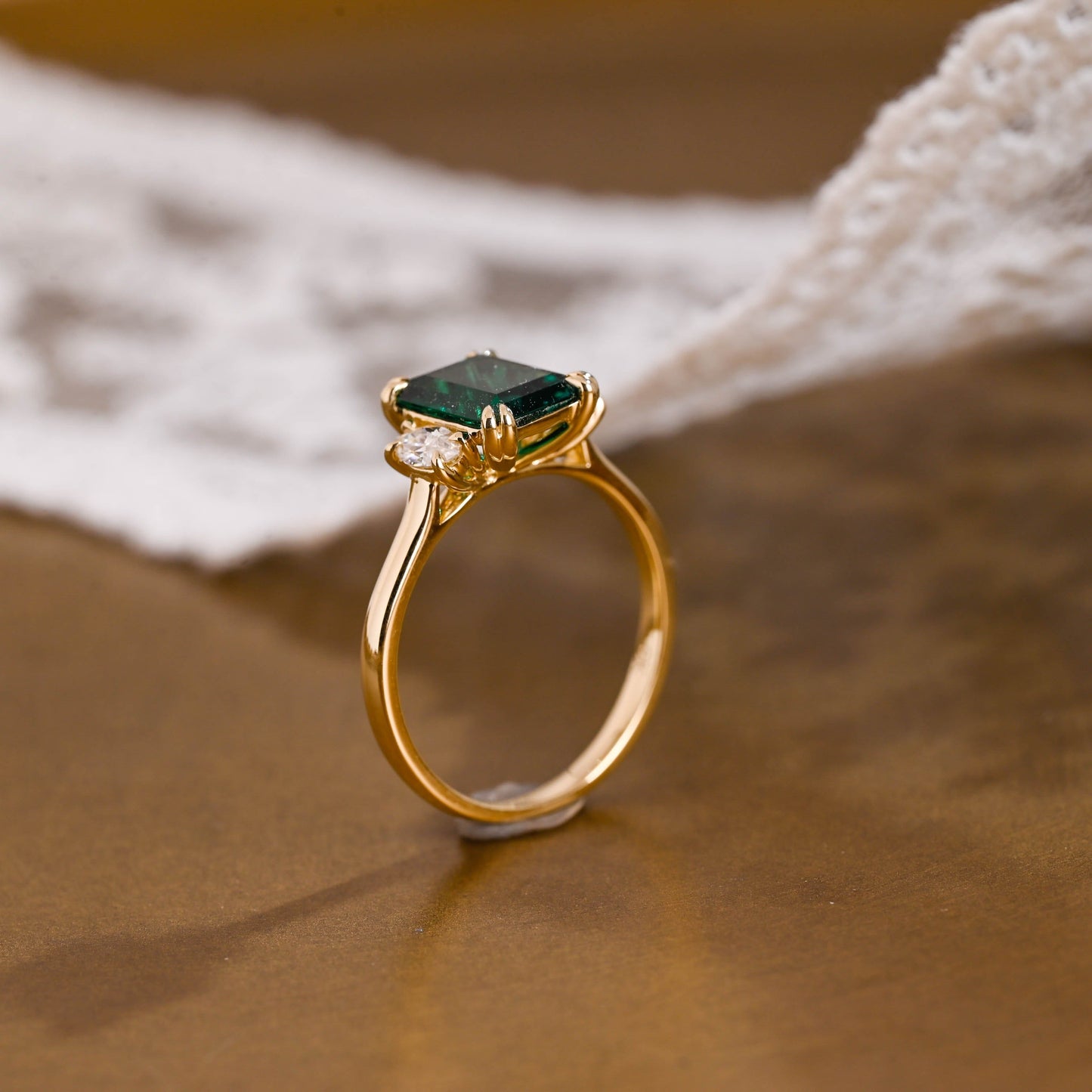 SquareJewelry emerald cut lab grown emerald engagement ring Solid Gold Three Stone Lab Grown Emerald Engagement Ring