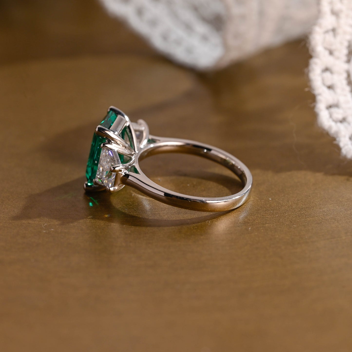 SquareJewelry emerald cut lab grown emerald engagement ring Solid Gold Three Stone Lab Grown Emerald Engagement Ring with Trapezoid Side Stone