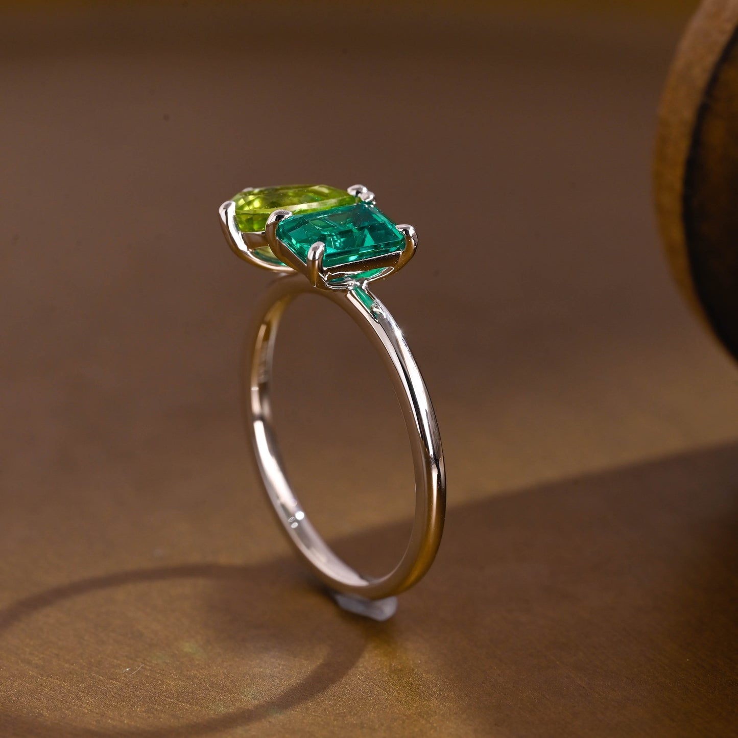 SquareJewelry emerald cut lab grown sapphire engagement ring Solid Gold Toi et Moi Emerald Cut Lab Grown Emerald & Pear Cut Olivine Engagement Ring