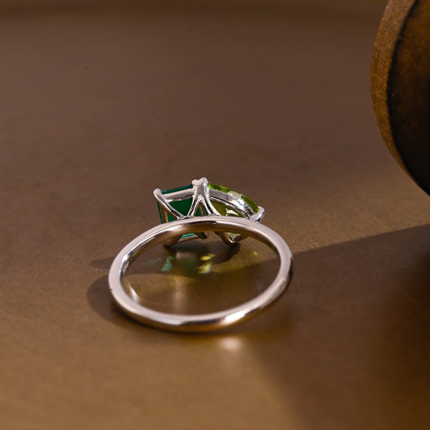 SquareJewelry emerald cut lab grown sapphire engagement ring Solid Gold Toi et Moi Emerald Cut Lab Grown Emerald & Pear Cut Olivine Engagement Ring