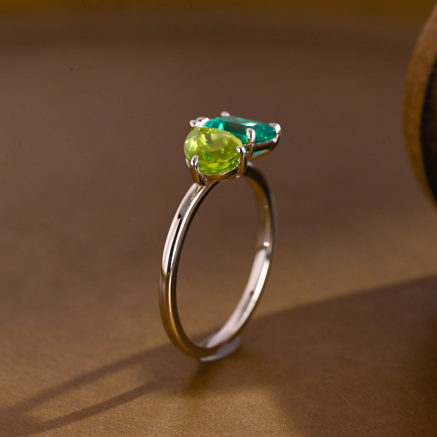 SquareJewelry emerald cut lab grown sapphire engagement ring Solid Gold Toi et Moi Emerald Cut Lab Grown Emerald & Pear Cut Olivine Engagement Ring