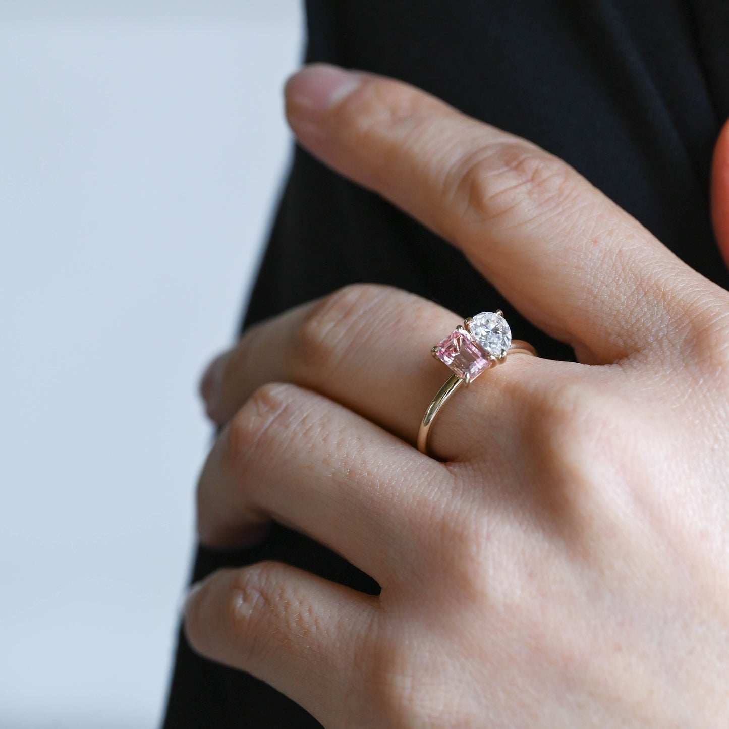 SquareJewelry emerald cut lab grown sapphire engagement ring Solid Gold Toi et Moi Emerald Cut Pink Lab Grown Sapphire & Pear Cut Moissanite Engagement Ring