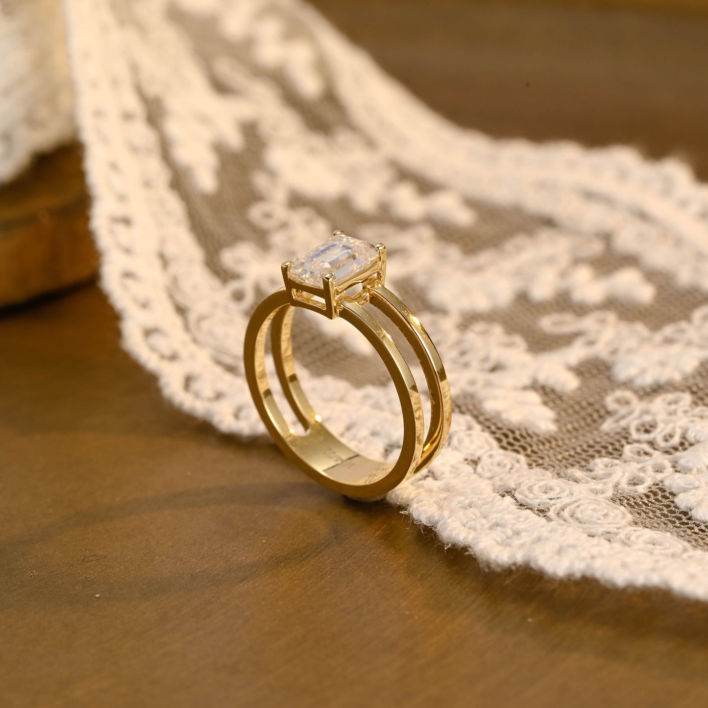 SquareJewelry emerald cut moissanite engagement ring Double Band Emerald Cut Moissanite Engagement Ring