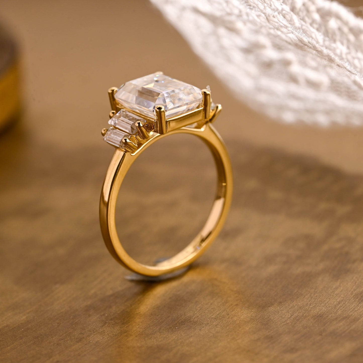 SquareJewelry emerald cut moissanite engagement ring Solid Gold Baguette Accents Emerald Cut Moissanite Engagement Ring