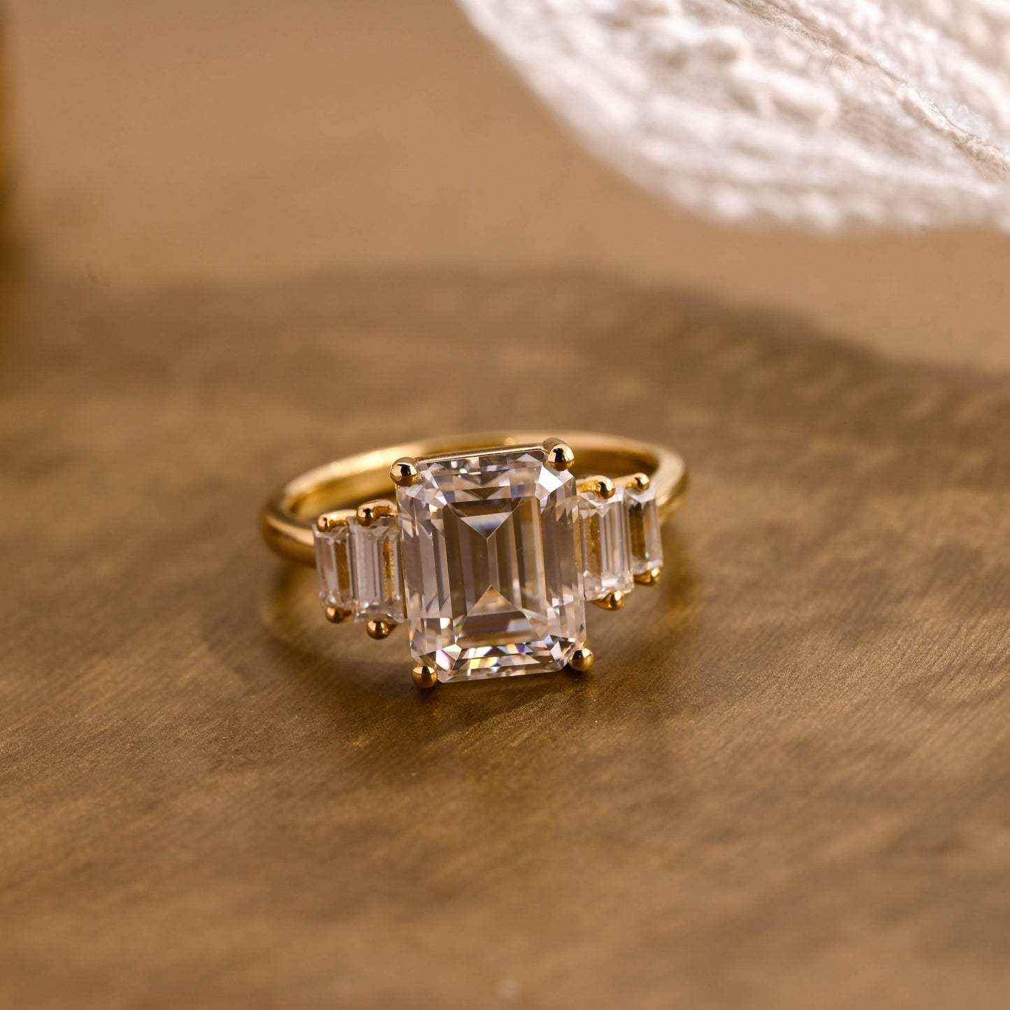 SquareJewelry emerald cut moissanite engagement ring Solid Gold Baguette Accents Emerald Cut Moissanite Engagement Ring