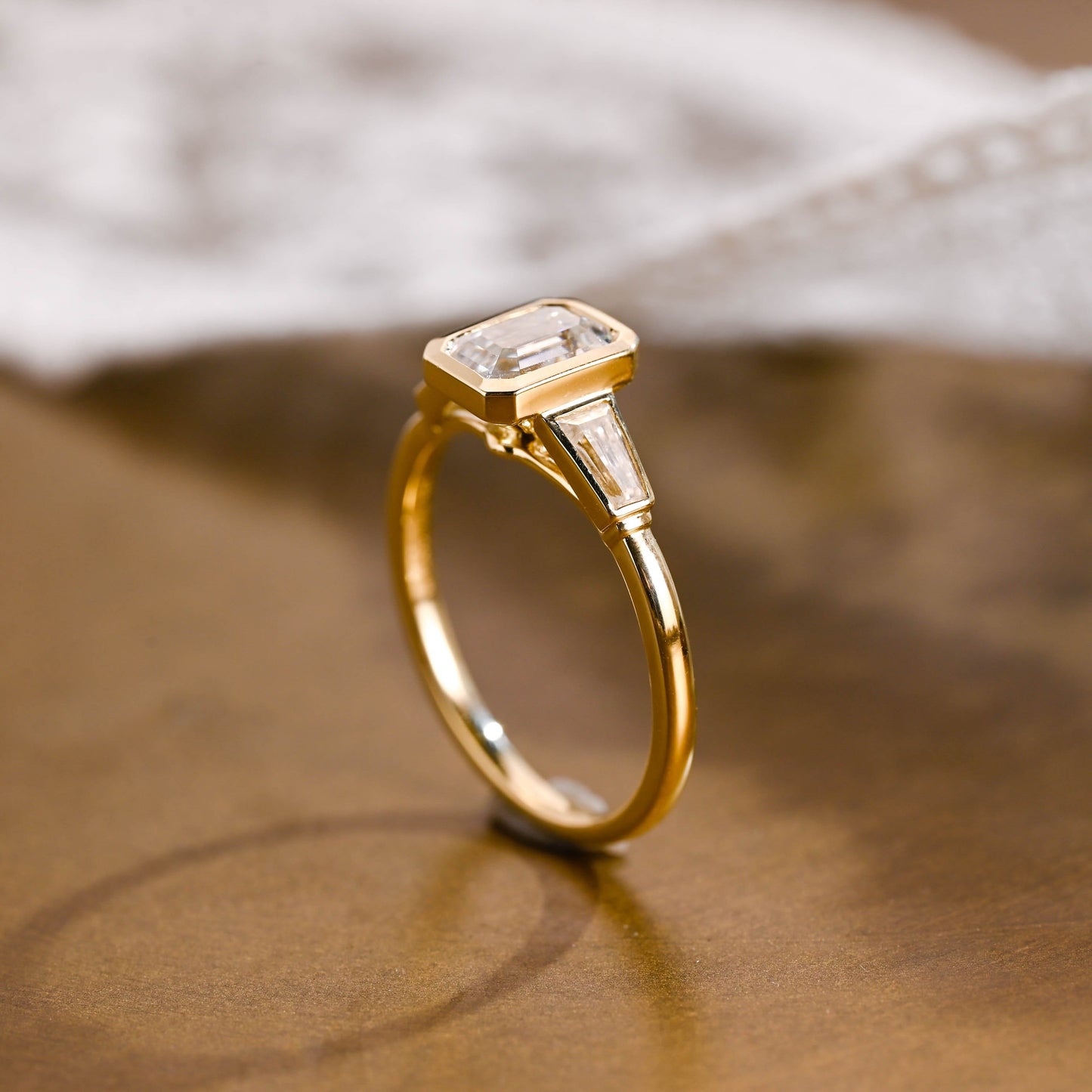 SquareJewelry emerald cut moissanite engagement ring Solid Gold Bezel Three Stone Emerald Cut Moissanite Engagement Ring