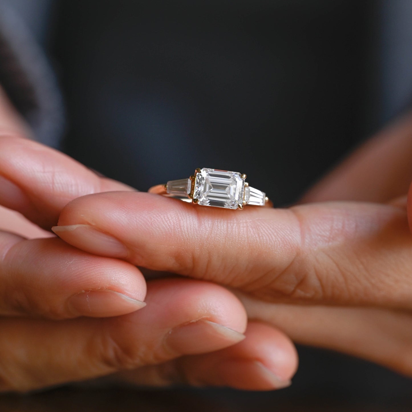 SquareJewelry emerald cut moissanite engagement ring Solid Gold East-West Tapered Baguette Three Stone Emerald Cut Moissanite Engagement Ring
