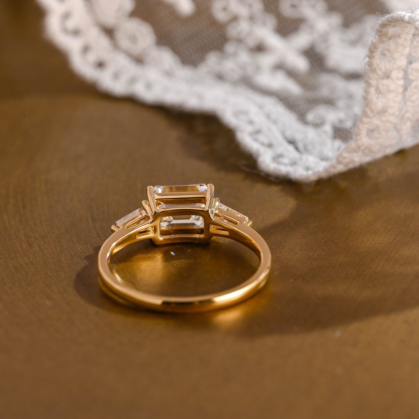 SquareJewelry emerald cut moissanite engagement ring Solid Gold East-West Tapered Baguette Three Stone Emerald Cut Moissanite Engagement Ring