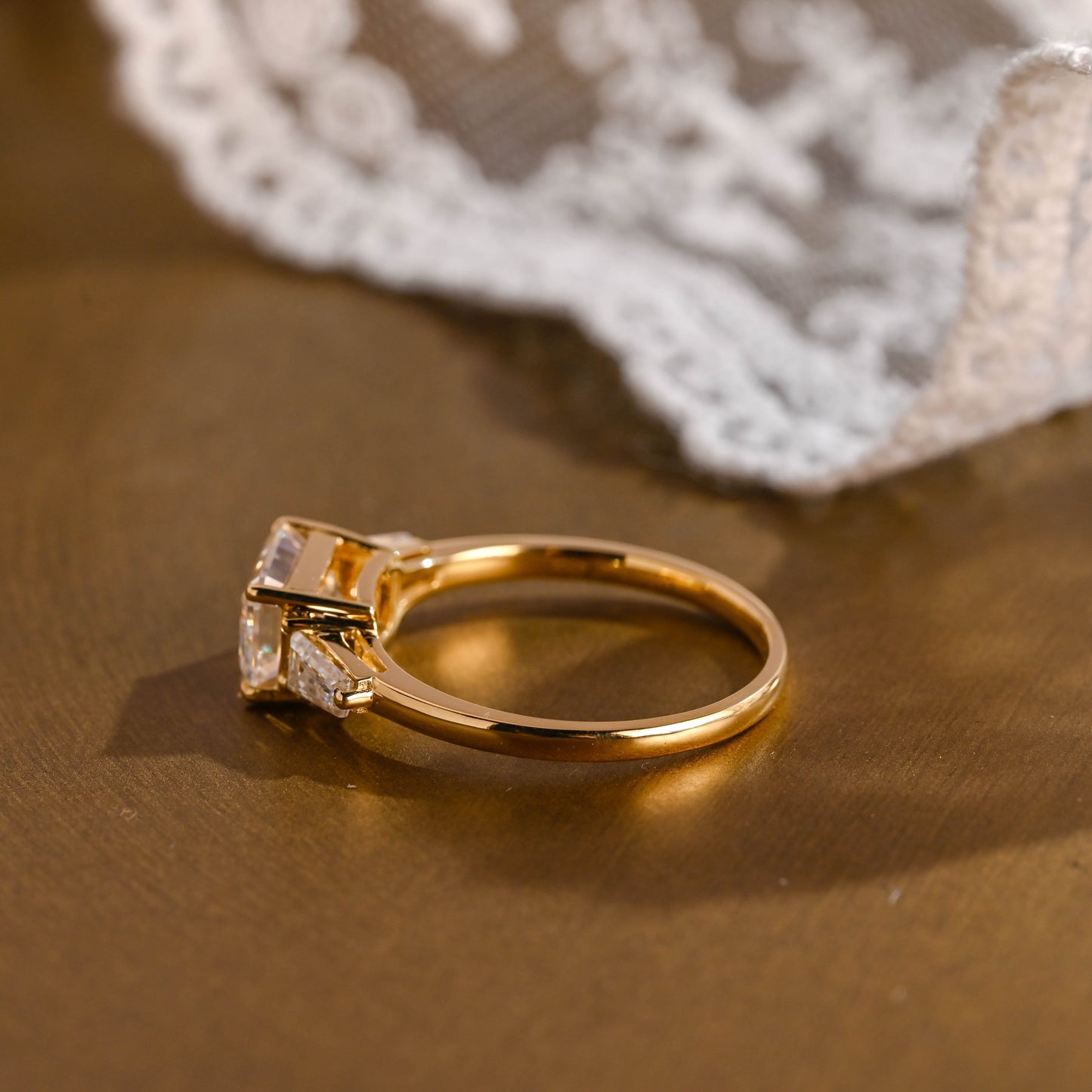 SquareJewelry emerald cut moissanite engagement ring Solid Gold East-West Tapered Baguette Three Stone Emerald Cut Moissanite Engagement Ring